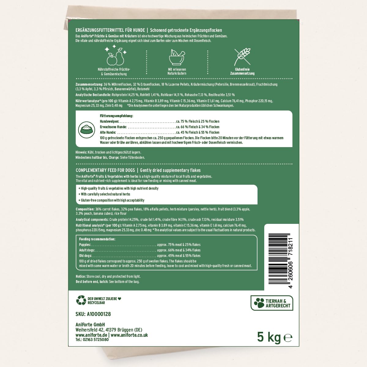 AniForte Barf Zusatz für Hunde Früchte und Gemüse mit Kräutern 5kg - Naturprodukt, Barf Ergänzungsfutter, glutenfrei, Flocken ohne künstliche Zusätze, 100% Natur Ergänzung barfen, Futter