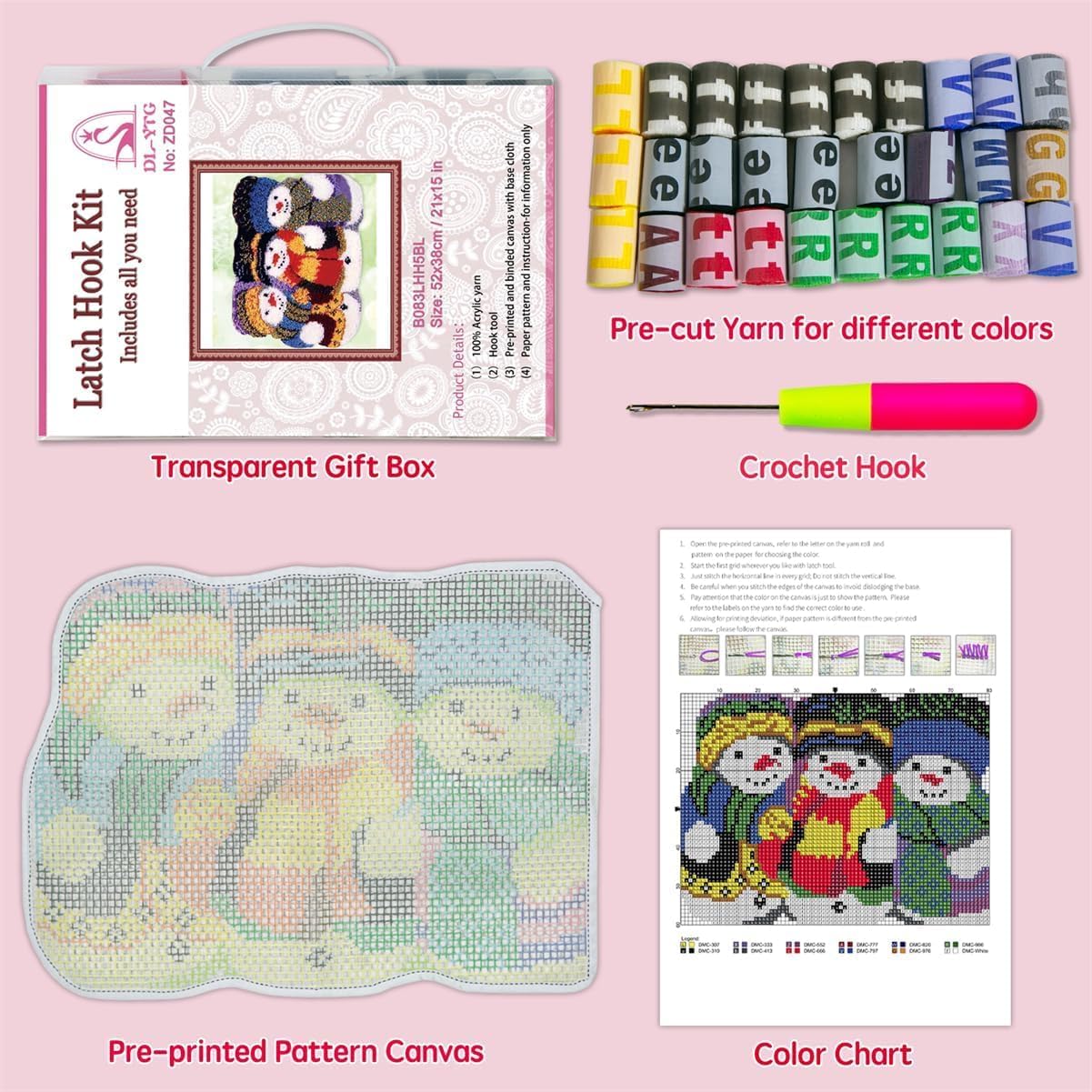 YOOTOM Latch Hook Rug Kits, Christmas Snowman DIY Rug Crochet Yarn Latch Hook Kit with Printed Canvas 20"x15"