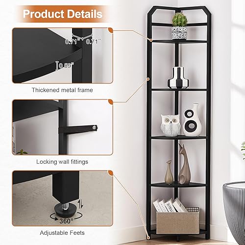 Miniatura 5 de Estantería esquinera industrial de 5 niveles, estante esquinero independiente con marco de metal, soporte de esquina abierto para plantas para