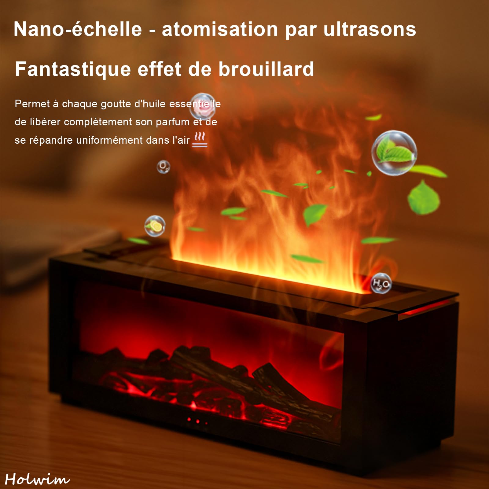 Diffuseur d'Huiles Essentielles 7 Couleurs avec Effet Flamme Dynamique, Humidificateur d'air 150ml USB, 4 Minuteries + Télécommande, Diffuseur Cheminée LED pour Bureau/Chambre