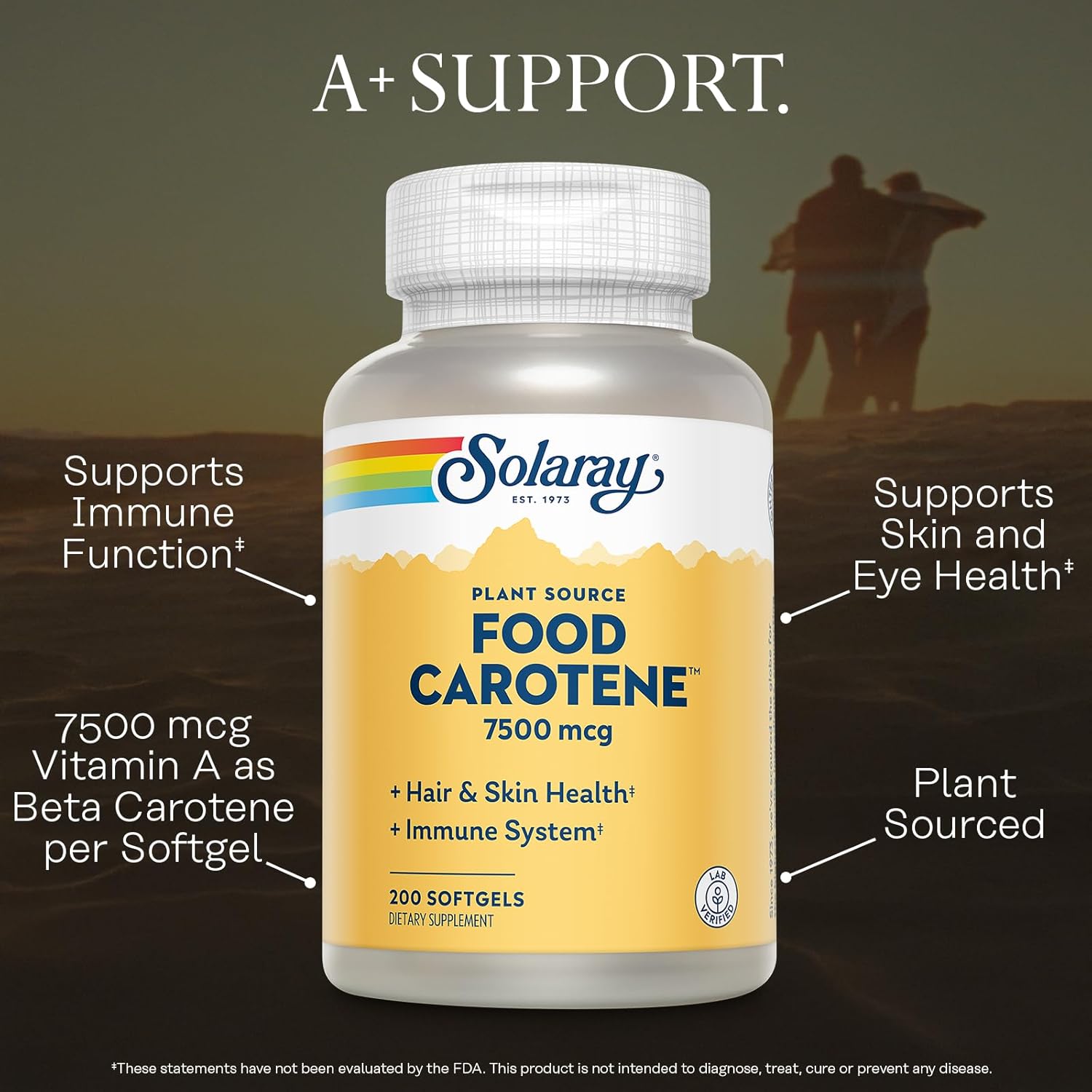 SOLARAY Food Carotene 7500mcg (25000 IU) - Beta Carotene Vitamin A Supplement - Wellness and Immune Support Supplement, Potent Eye Vitamins and Skin Food, Plant Sourced, 60-Day Guarantee, 200 Softgels