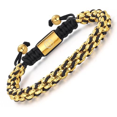 18K Gold Plated Bracelets for Men Black Rope Braided Bracelet | Black Onyx Tiger Eye Beads, Mens Gold Bracelet Stainless Steel, Evil Eye Lucky String, Adjustable Jewelry Gifts for Women