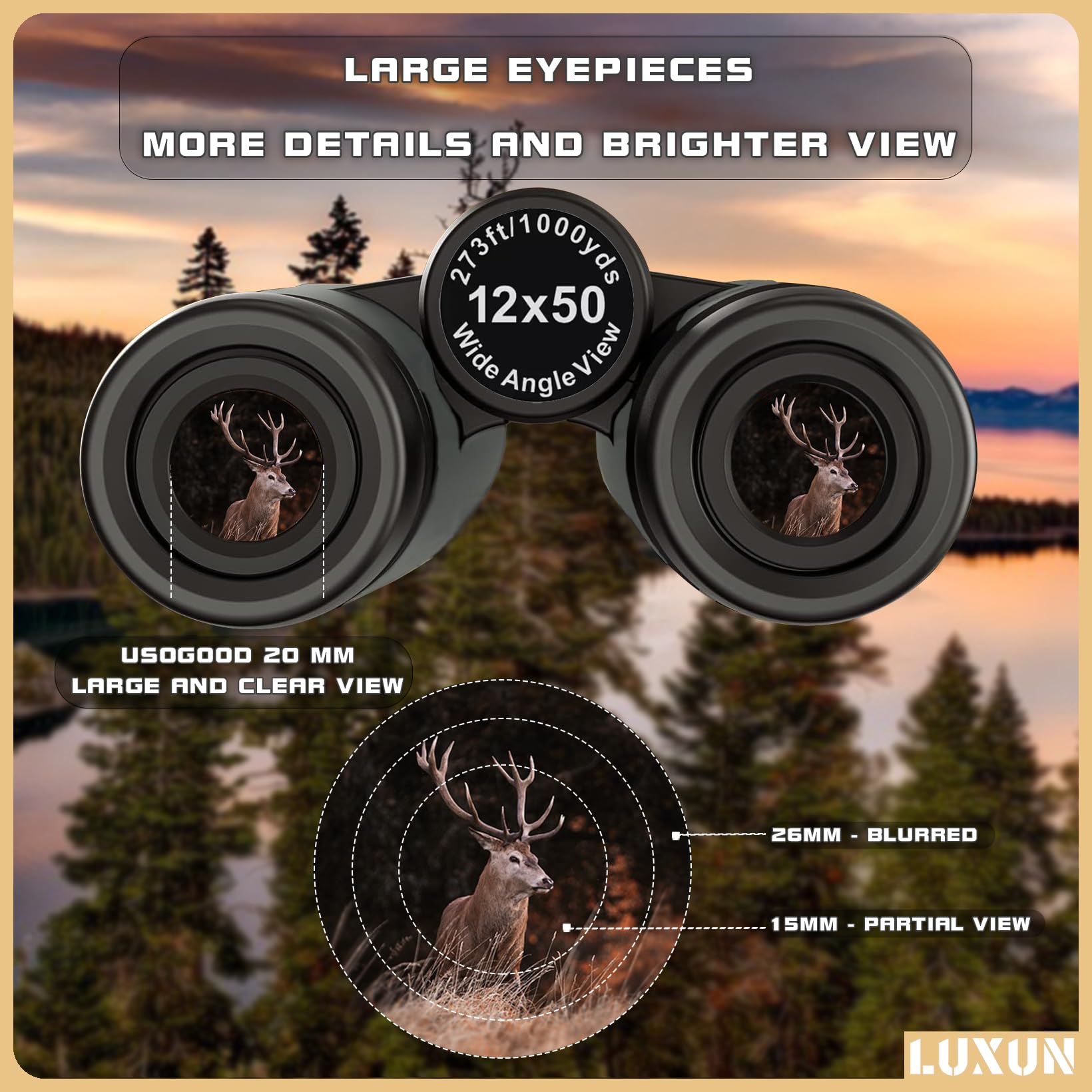 LUXUN Jumelles Adultes UltraSharp 12x50 HD Optique de Haute Qualité, Jumelles Robustes avec Adaptateur de Téléphone Portable, Idéales pour la Chasse, l'observation des Oiseaux et l'exploration