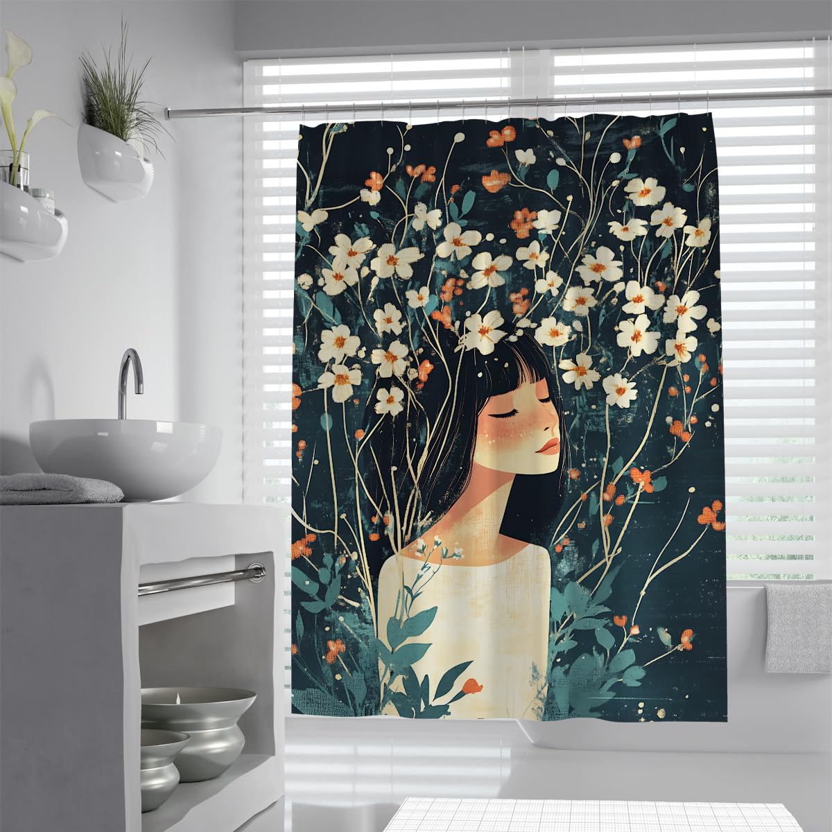 Vintage Mädchenporträt weiße Blumen Duschvorhang W240xL180 cm