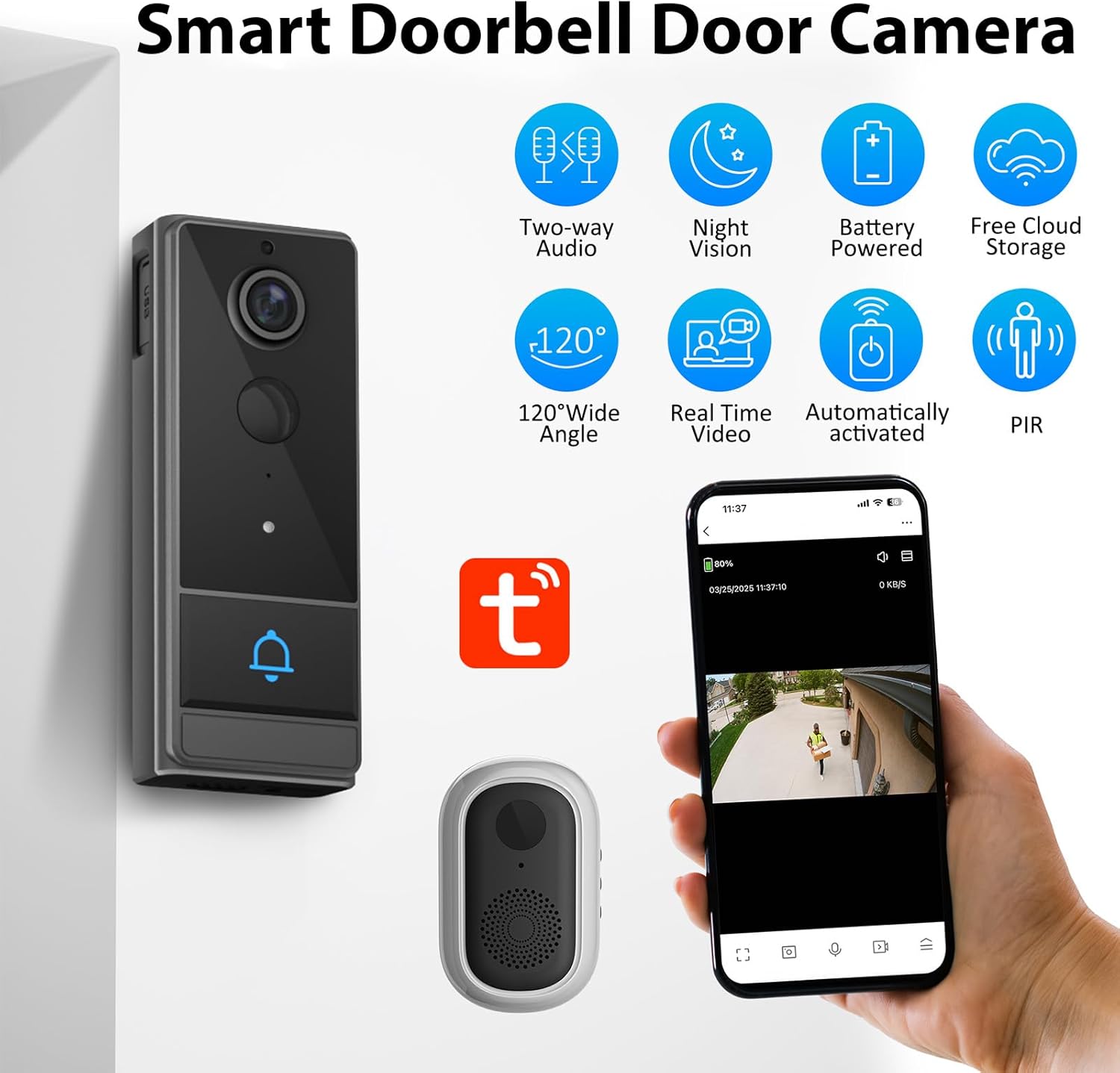 Smart WiFi Video Doorbell Camera, Wireless Doorbell Video Intercom with PIR WakeUp 1280x720 Night Vision Two Ways Audio IP65 Water Proof for Home Security, Black