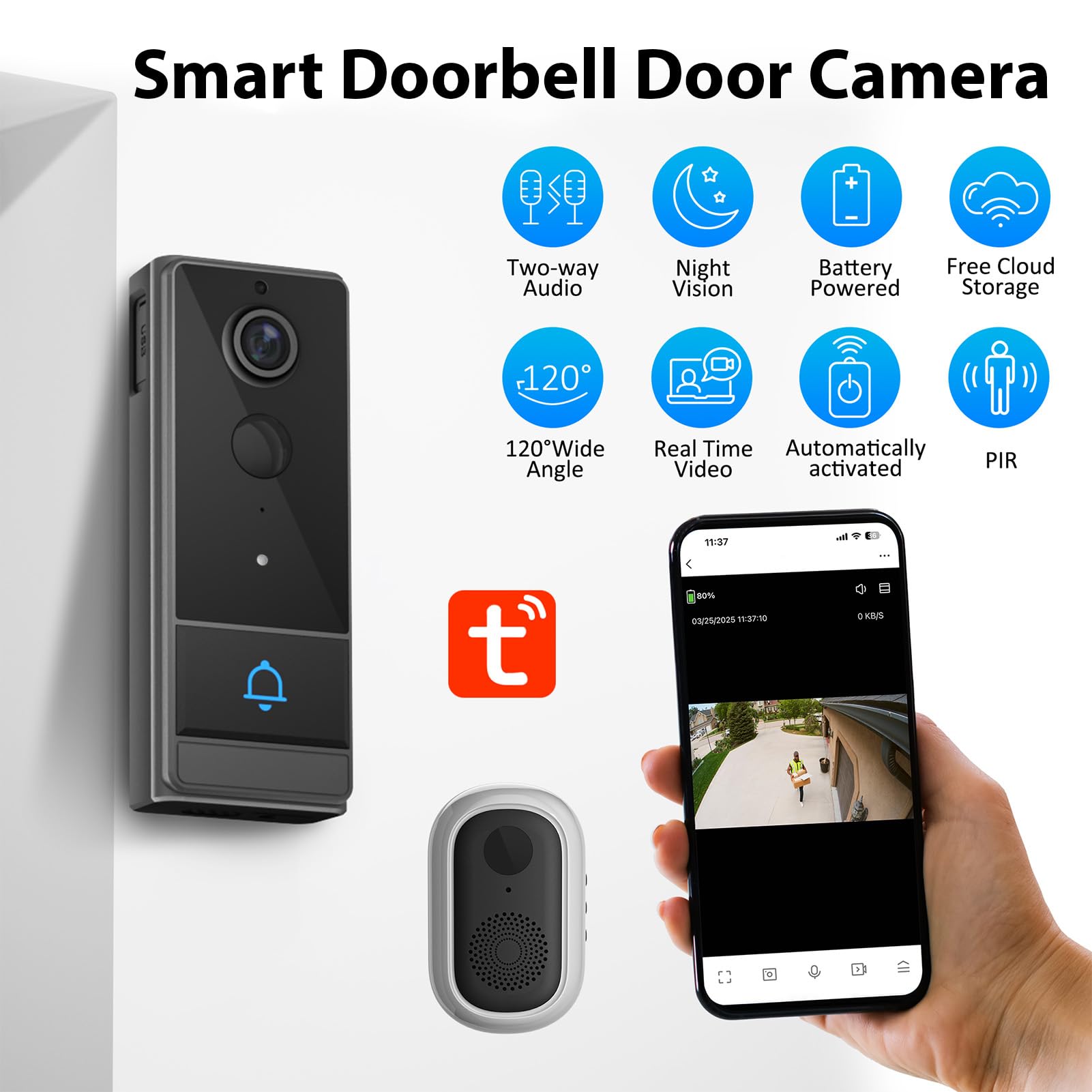 Smart Smart WiFi kamera do drzwi wideo, bezprzewodowy dzwonek do drzwi, interkom z PIR Wakeup 1280 x 720, widoczność w nocy, dwie opcje audio, IP65, wodoodporność dla bezpieczeństwa domowego