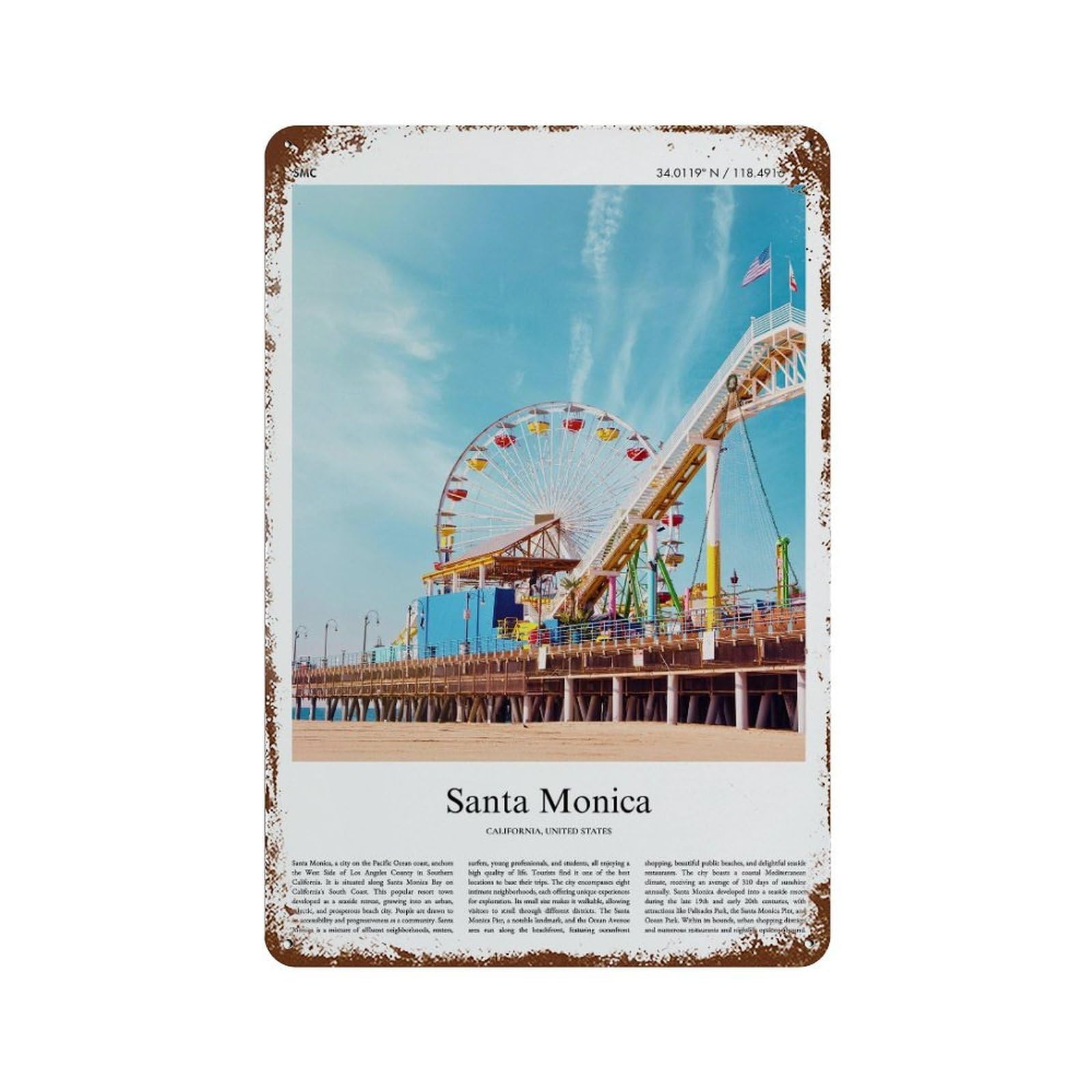 xiaoxiaoshen Santa Monica California, United States, USA City Scenery Wall Decor Art Metal Tin Poster Modern Home Decor Art Home Bar Shop Decorations Vintage Sign 30x20cm