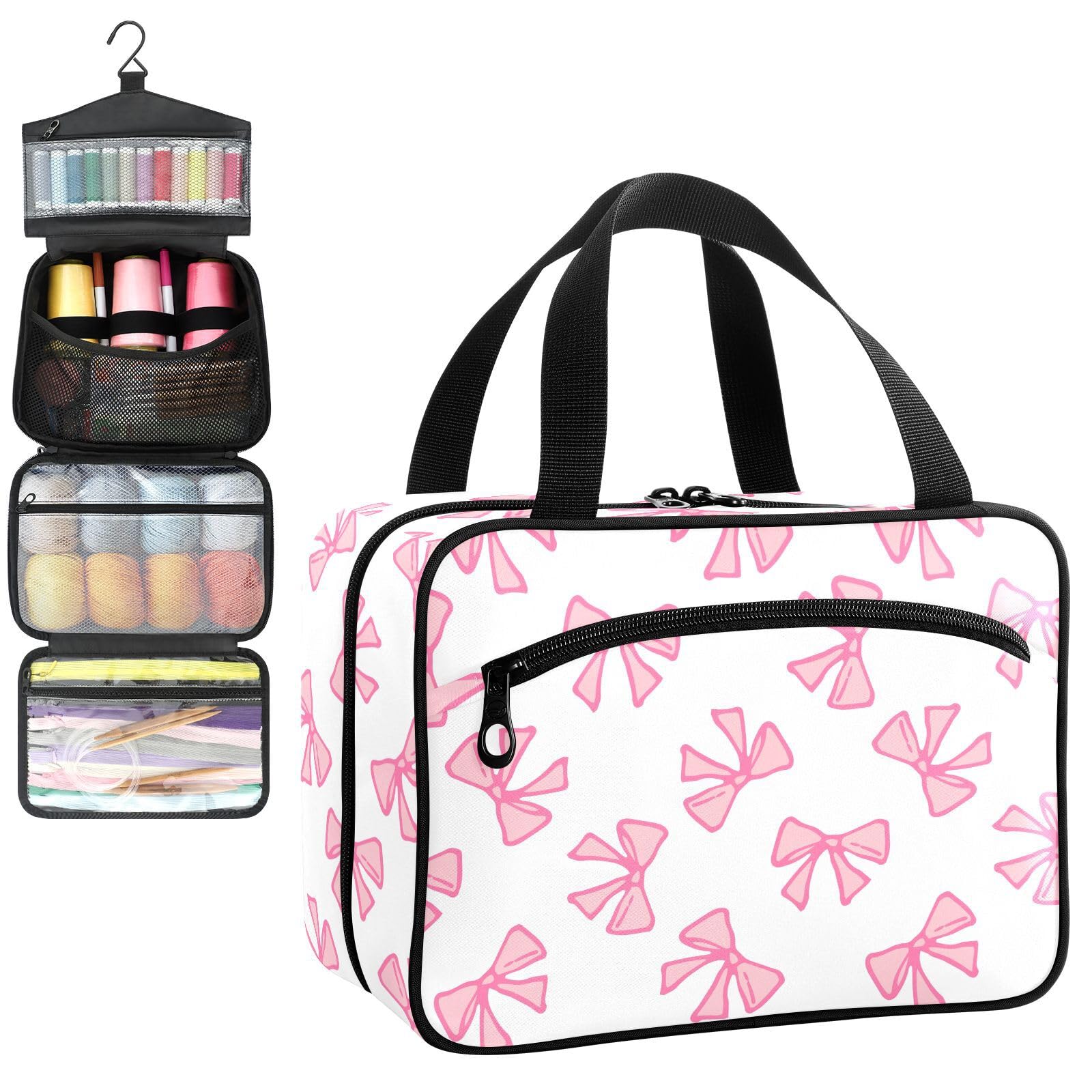 YNNALE Sewing Supply Organizer Bag, Pink Bowknot Cute Bow Portable Sewing Bags with Pockets&Hanger, Sewing Storage Box Case for Sew Supplies/Kit/Tools/Accessories (BAG ONLY)