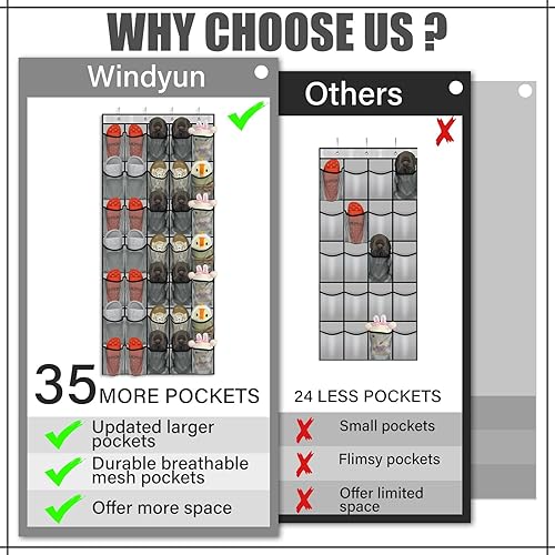 Miniatura 6 de Windyun Organizador de zapatos para colgar sobre la puerta, 2 unidades, 70 unidades, para armario, bolsillos de malla gris detrás de la puerta,