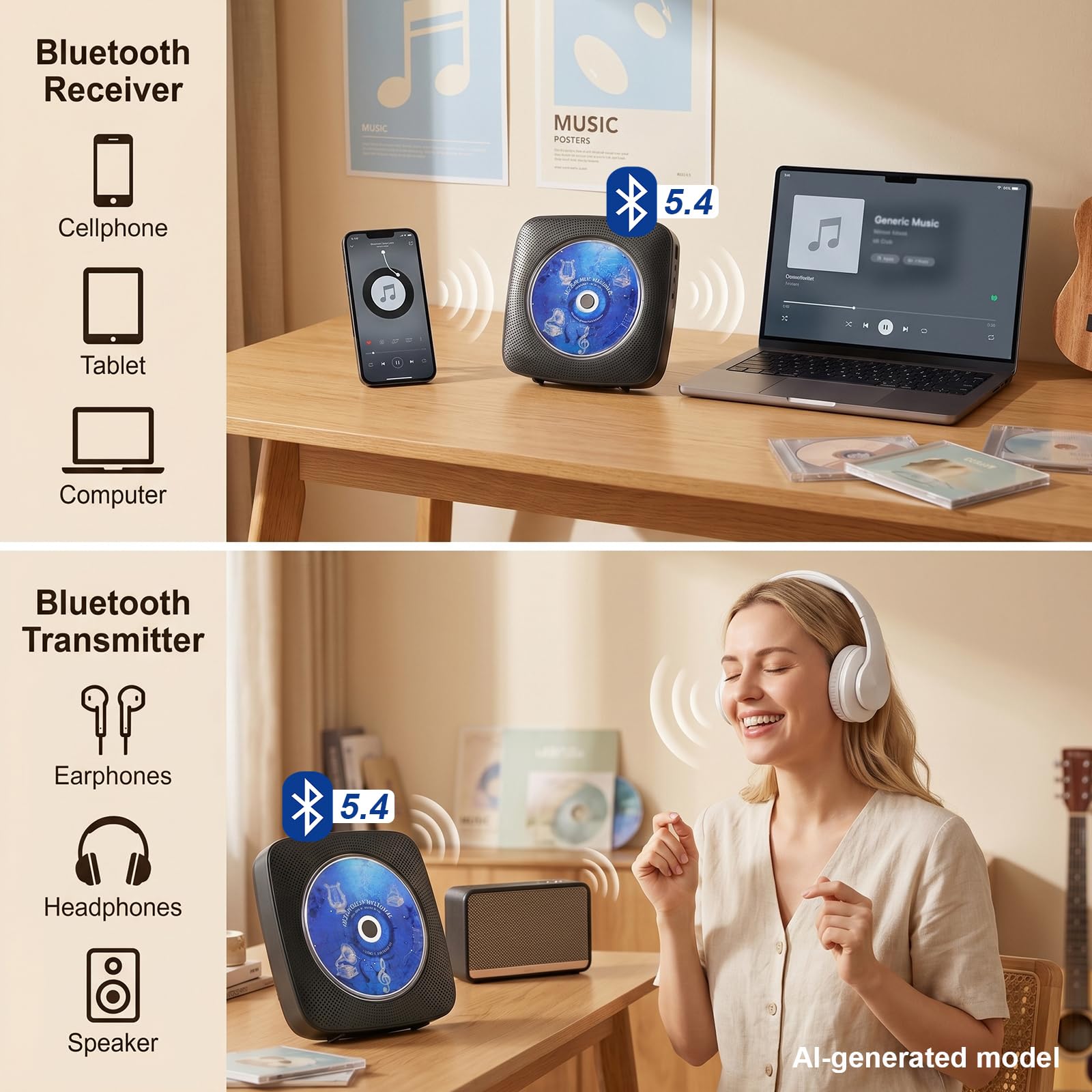 Gueray Tragbarer CD Player Tragbar : Radio CD Players Kinder CD-Player Discman mit 1800mAh Akku Lautsprecher abnehmbaren Staubschutzabdeckung Fernbedienung UKW-Radio USB AUX Funktion Schwarz