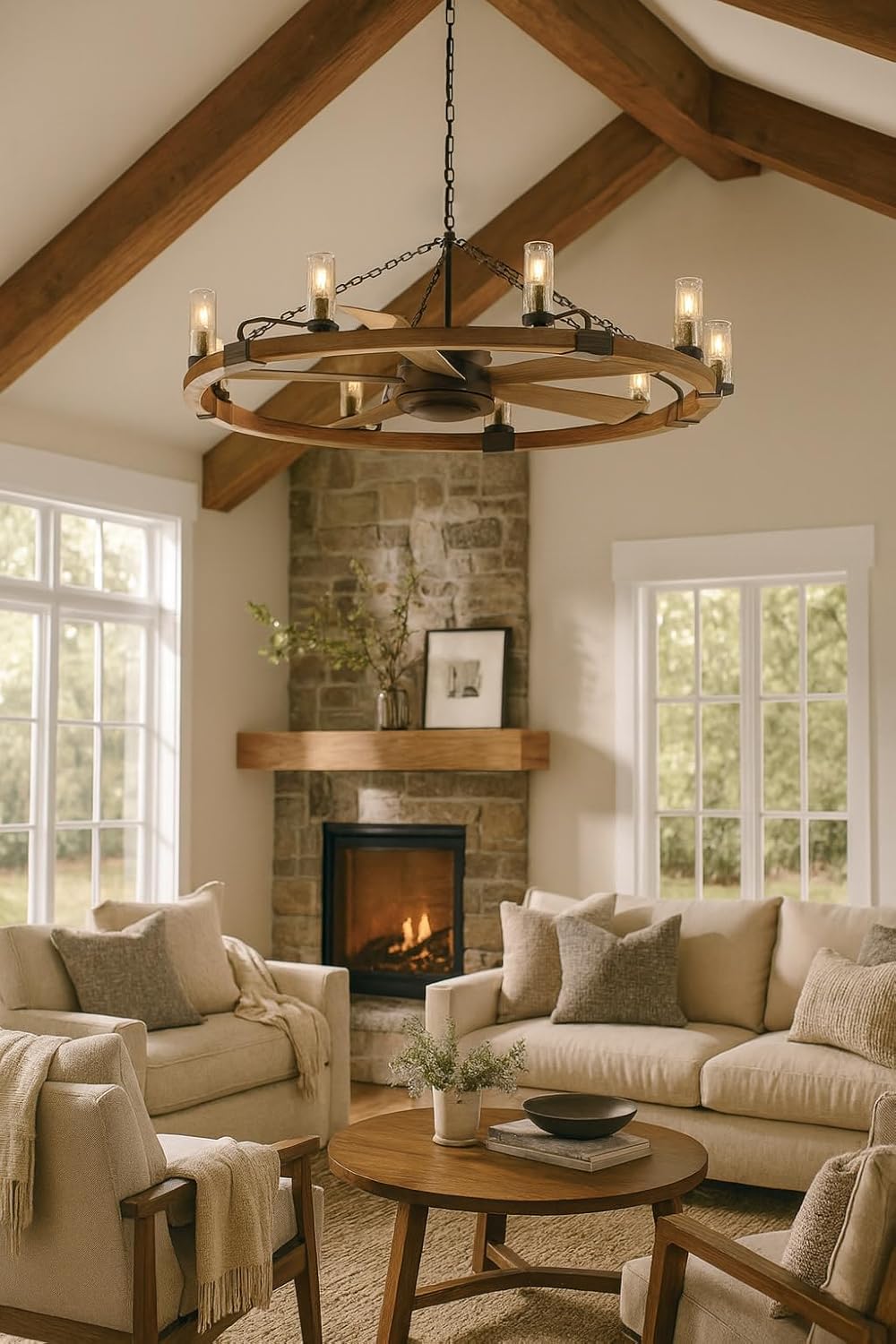 Hinkley Sawyer 52" LED Smart Ceiling Fan with Light and Remote, Rustic Wagon Wheel Chandelier Fandelier, Composite Material, Wet Rated Indoor Outdoor, Seedy Glass Shades, Matte Black and Driftwood