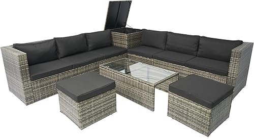 Miniatura 8 de Goohome 6 muebles de exterior, juegos de conversación de patio, sofá de ratán de polietileno de mimbre con mesa de vidrio templado y cojines, sofá