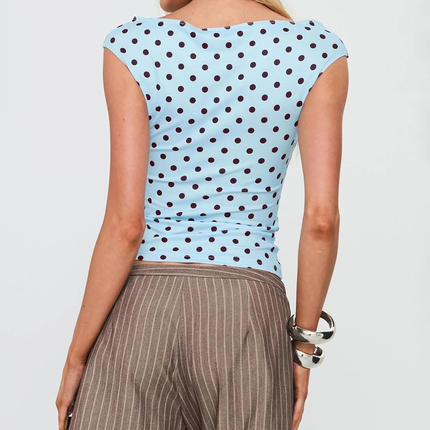 Women Y2k Polka Dot Tank Top Vintage Boat Neck Short Sleeve Crop Cami Top Slim Fit Spring Fall Going Out Shirts - Image 6