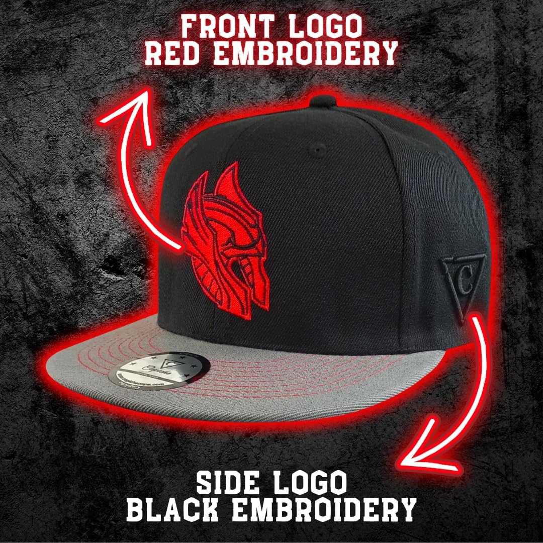 Capiche Gorra Snapback Negra para Hombres, Titans, Béisbol con Visera Plana Gris, Cappy Logo Rojo, Sombrero de Guerrero, Barba Arte Estilo Tatuaje Bajo la Visera, Medieval Esparta