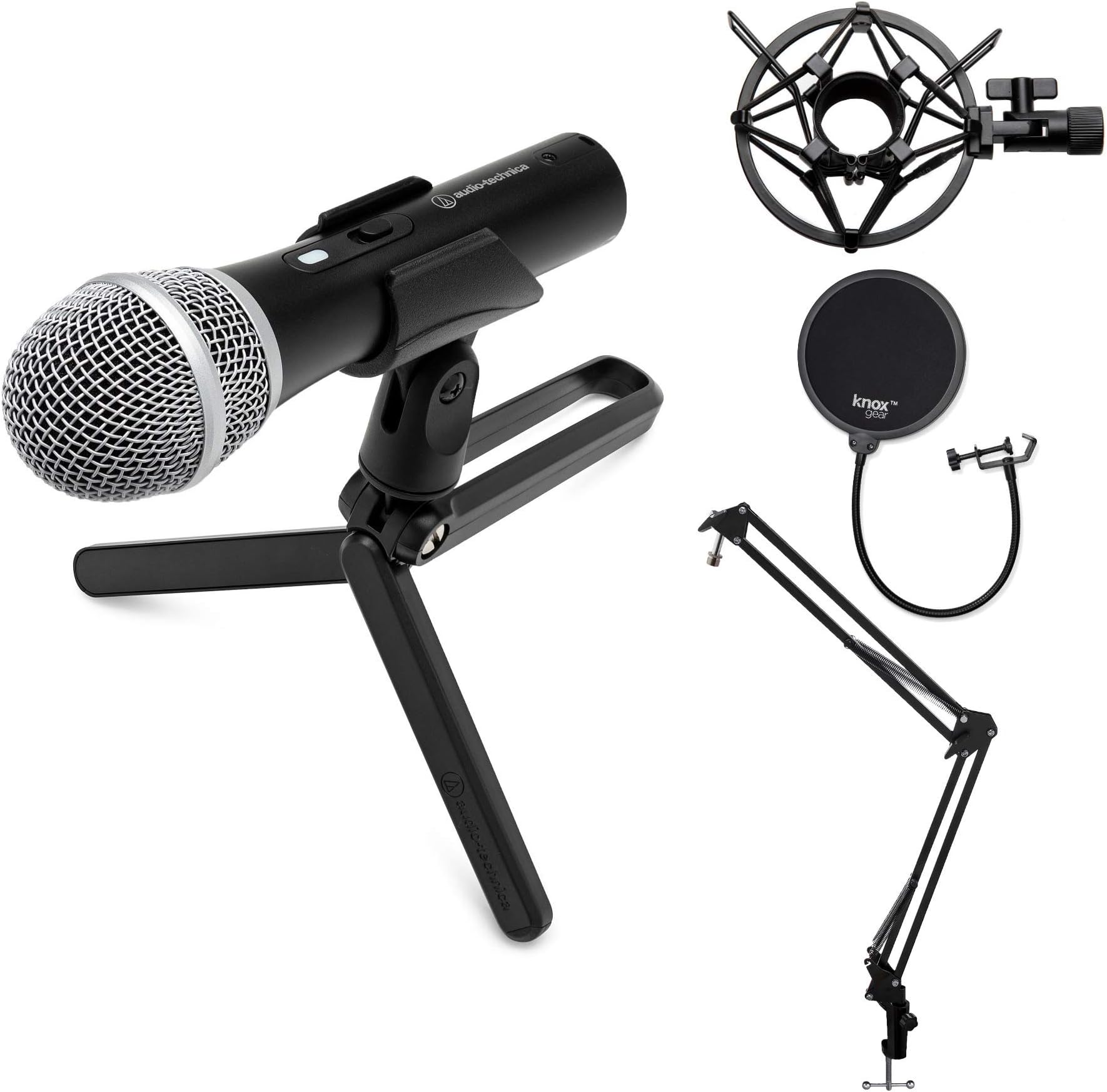 Audio-Technica ATR2100X-USB USB/ XLR Microphone Bundle with Knox Gear Boom Arm, Shock Mount, and Pop Filter (4 Items)