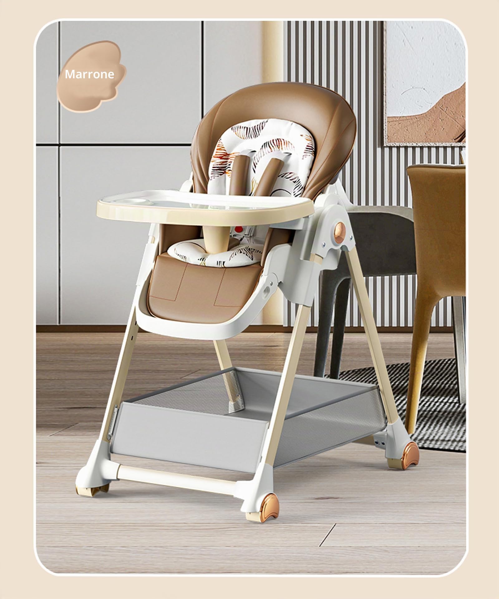 Nine point nine Pelle PU Seggiolone Pappa, Convertibile Pieghevole Seggiolones Pappa 0 36 Mesi con 6 Altezze e 3 Posizioni Reclinazione, Seggiolone Neonato con Doppi Vassoi e Ruote (808 Khaki)