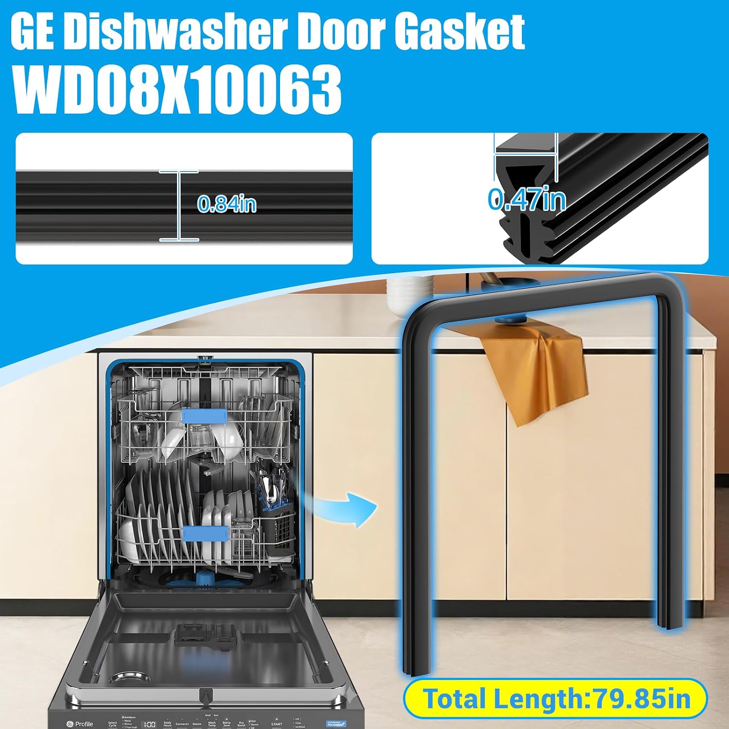 Upgraded WD08X10063 Dishwasher Door Seal Compatible with GE Dishwasher Gasket Door Seal GLDT696T00SS GLDT690D00BB Dishwasher Tub Gasket 1263915 AP3994669 EAP1481856 Dishwasher Seal Replacement