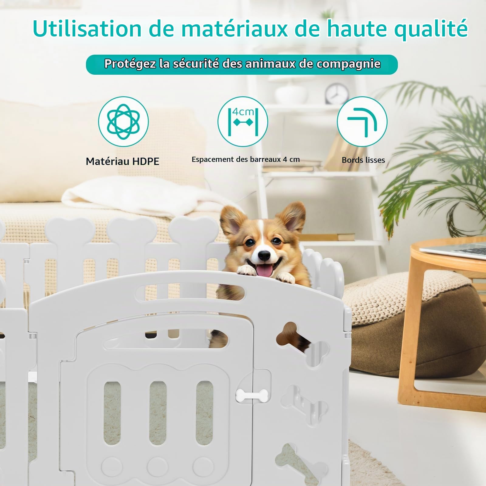 MAMIZO Parc pour Chien 60 cm Haut, Plastique Parc Chien 7+1 PCS Panneaux, Parc Chiot Pliable avec Portail, avec ventouses et ancrages au Sol, Enclos pour Chat et Lapin Interieur Extérieur, Gris | Parc Chiot Pliable avec Portail, avec ventouses et ancrages