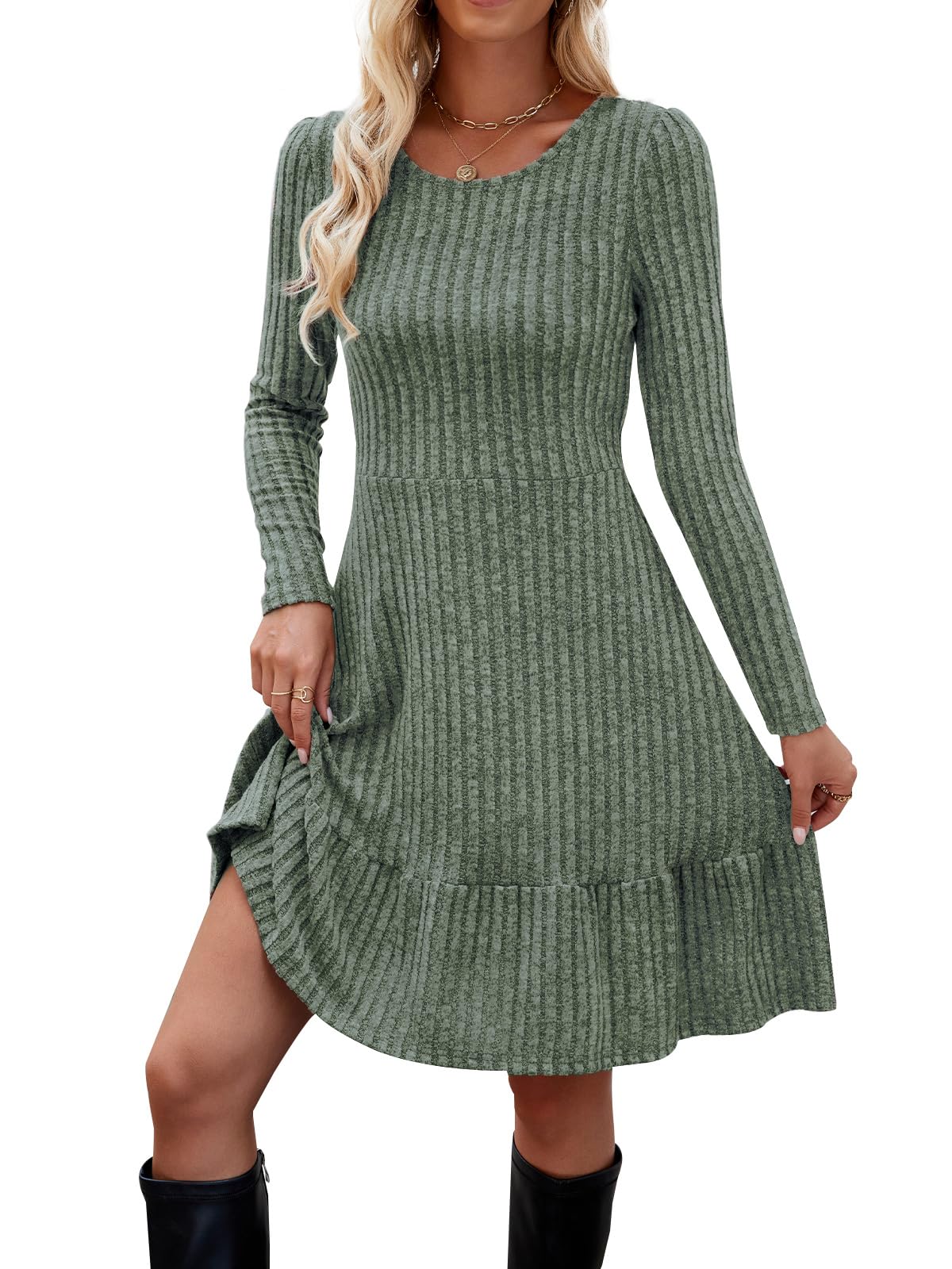 Zetieny Vestito Casual Donna Abito in Maglia a Maniche Lunghe con Scollo Rotondo Pullover Tinta Unita Autunno e Inverno