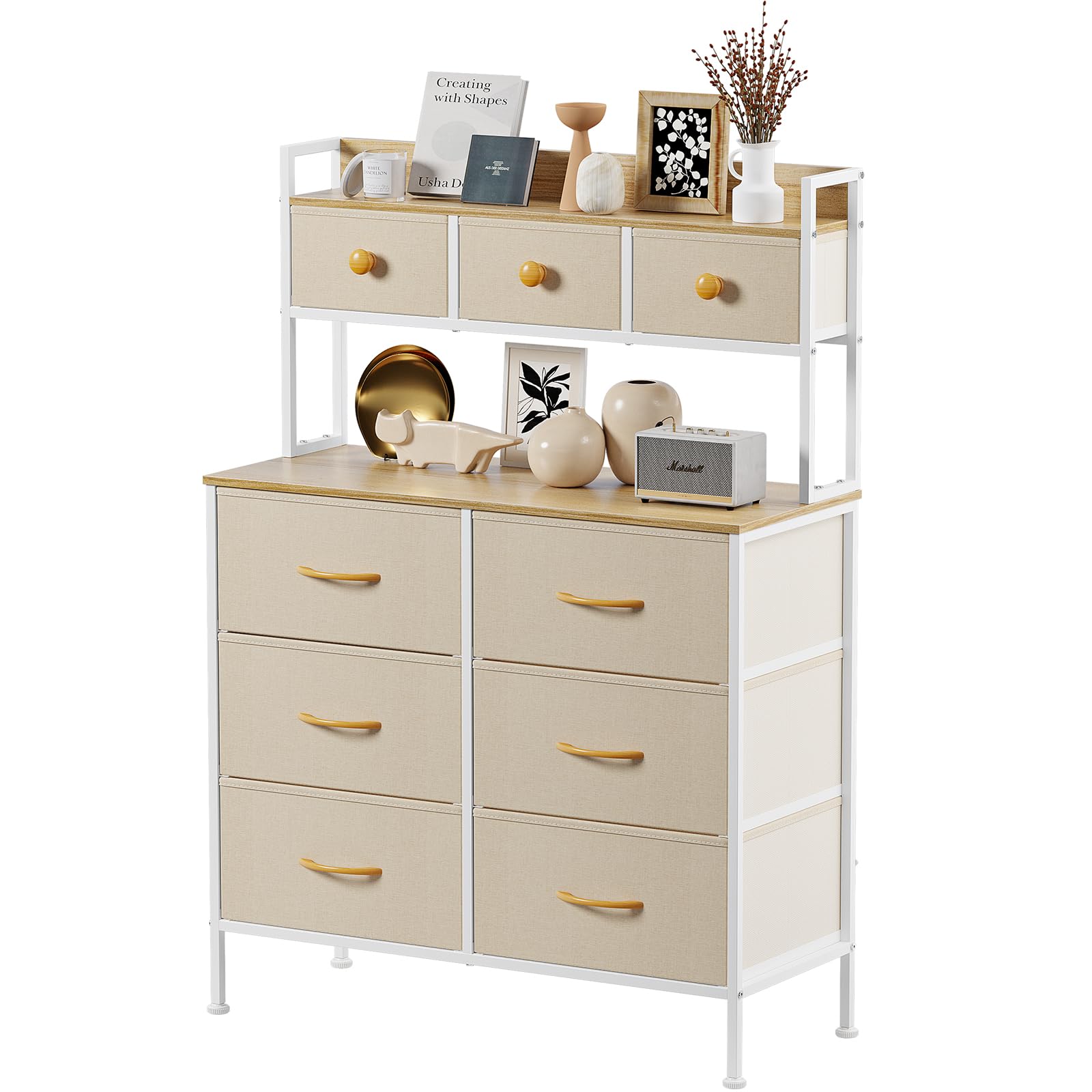 Commode 9 Tiroirs Blanc - Meuble De Rangement Chambre Avec Cadre Métal Et Pieds Réglables - 8