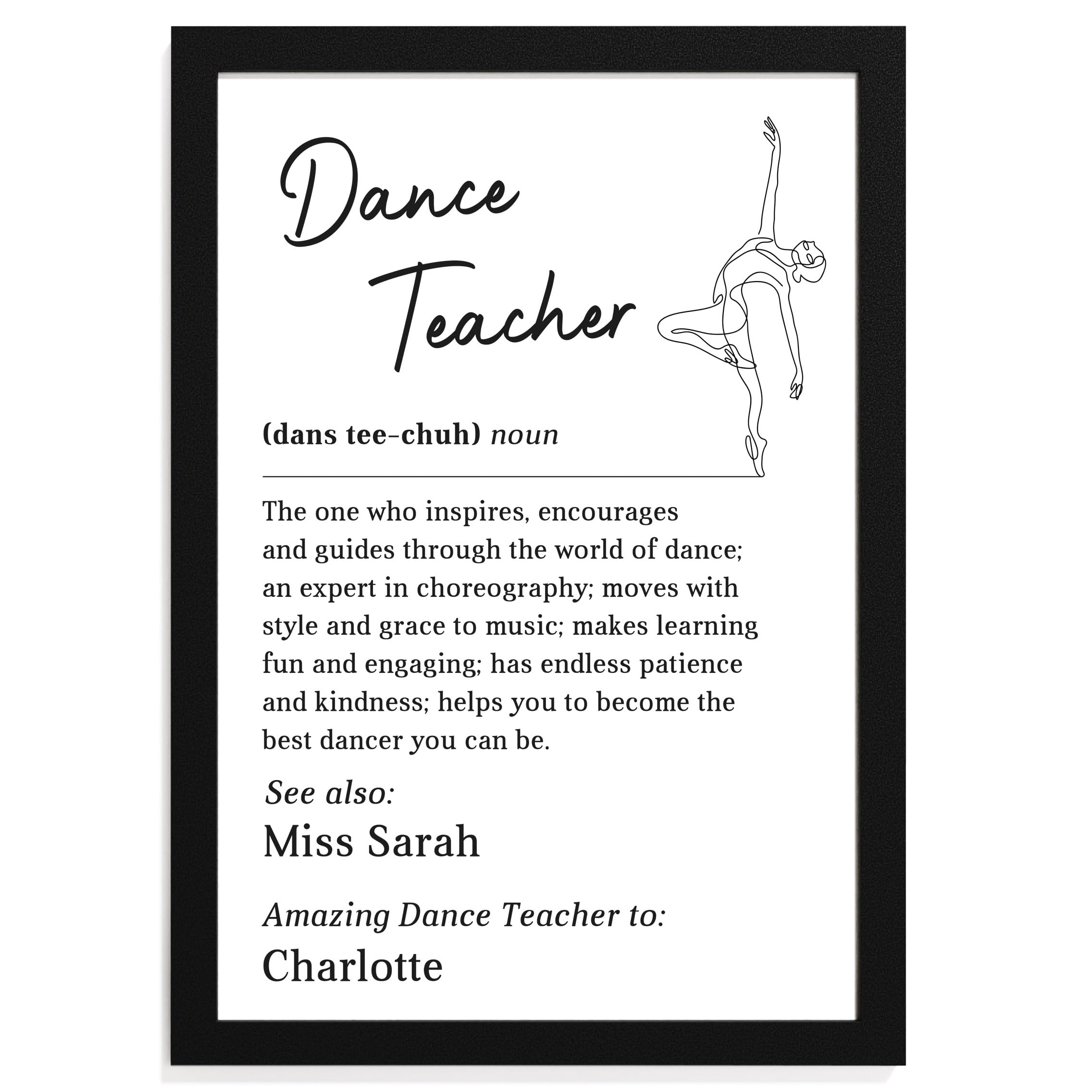 Beecreative Personalised Dance Teacher Gifts - A5, A4 Print and Wooden Frame - Dance Teacher Definition Thank You Present