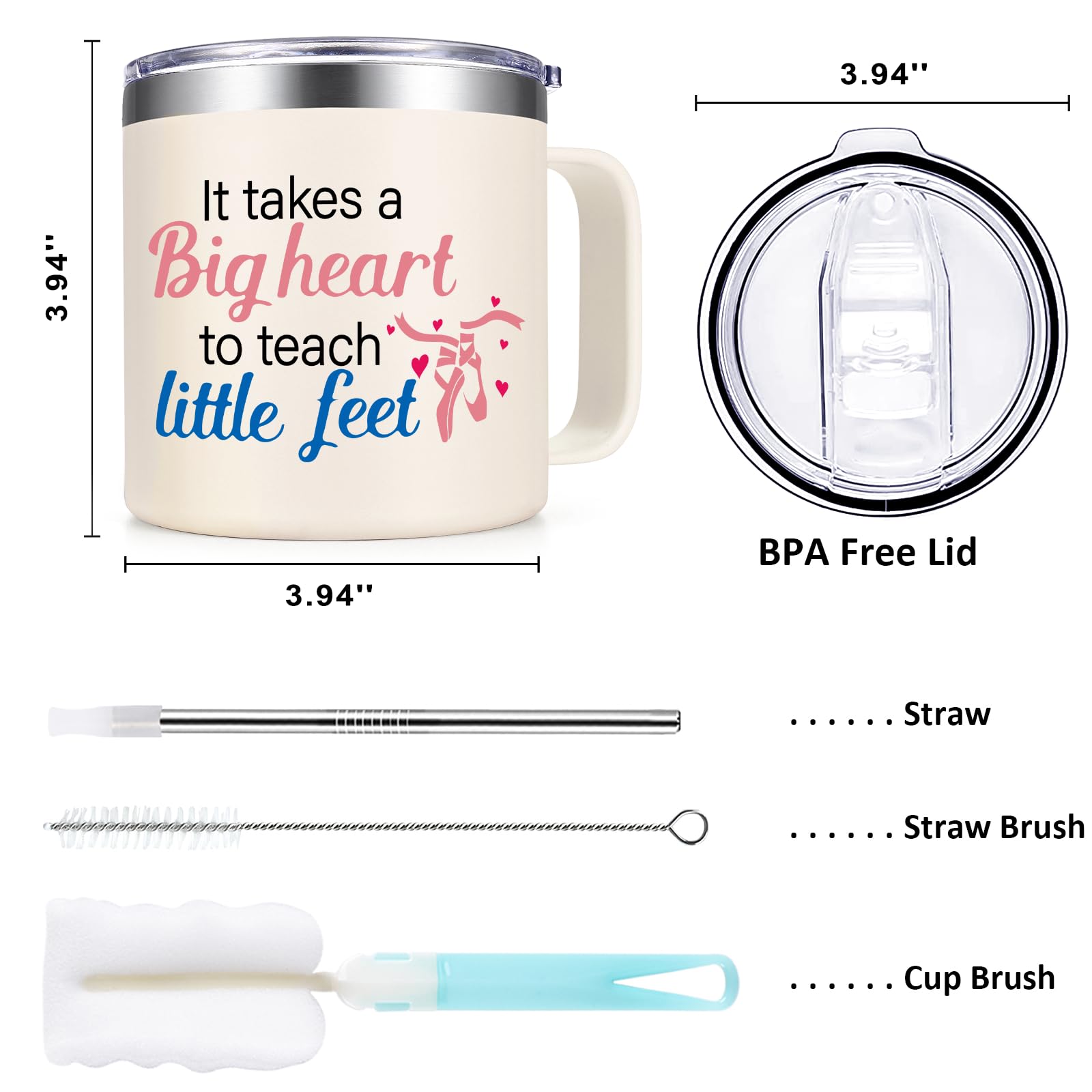 Lifecapido Dance Teacher Gifts, It Takes A Big Heart to Teach Little Feet Coffee Mug, Dance Teacher Appreciation Gifts for Dance Lover, 14Oz Stainless Steel Coffee Mug, Creamy White