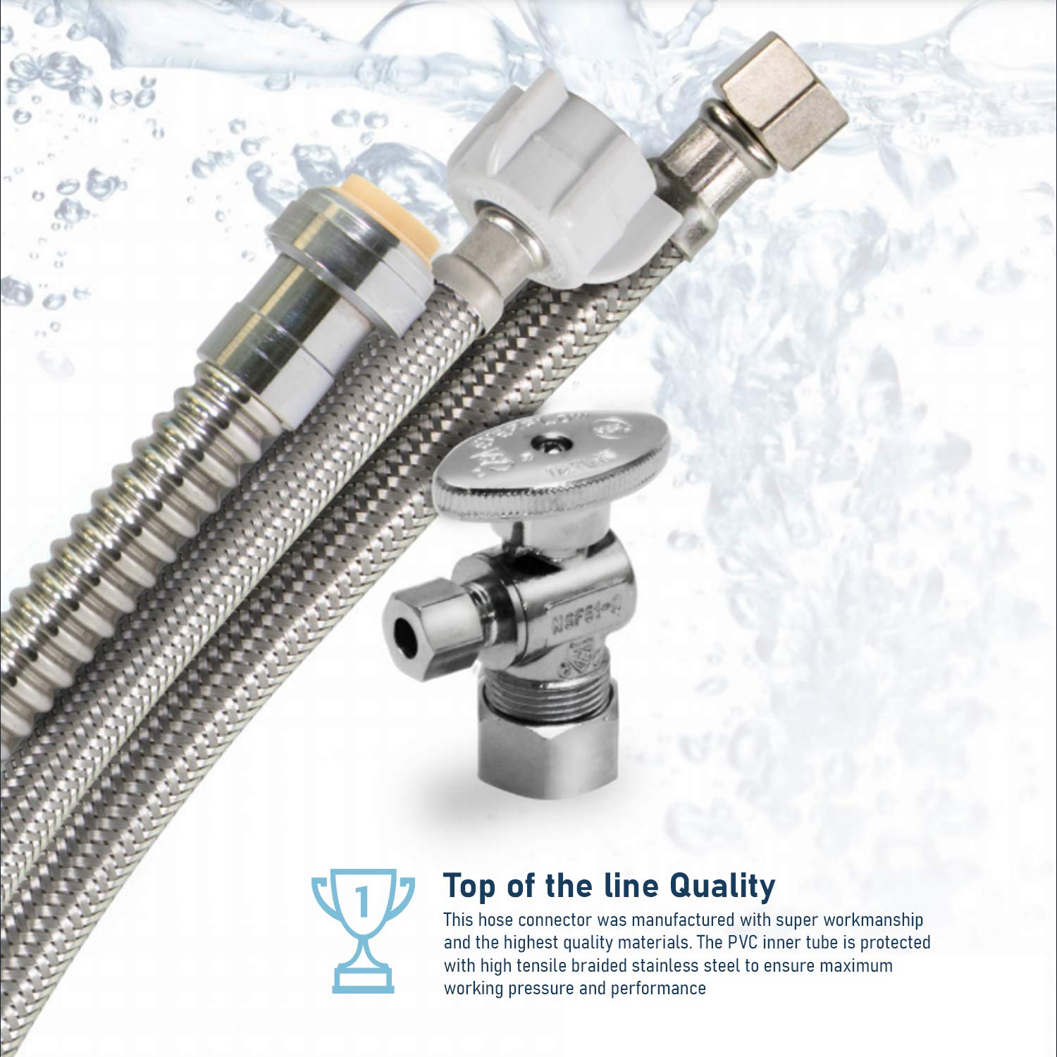 Highcraft 16 Inch Stainless Steel Braided Tank Supply Line – 3/8" Compression Fitting With 7/8" Plastic Nut, Lead Free NSF Certified