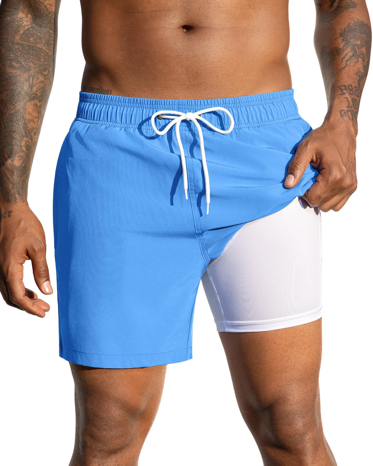 SILKWORLD Mens Swimming Trunks with Compression Liner and Zipper Pockets