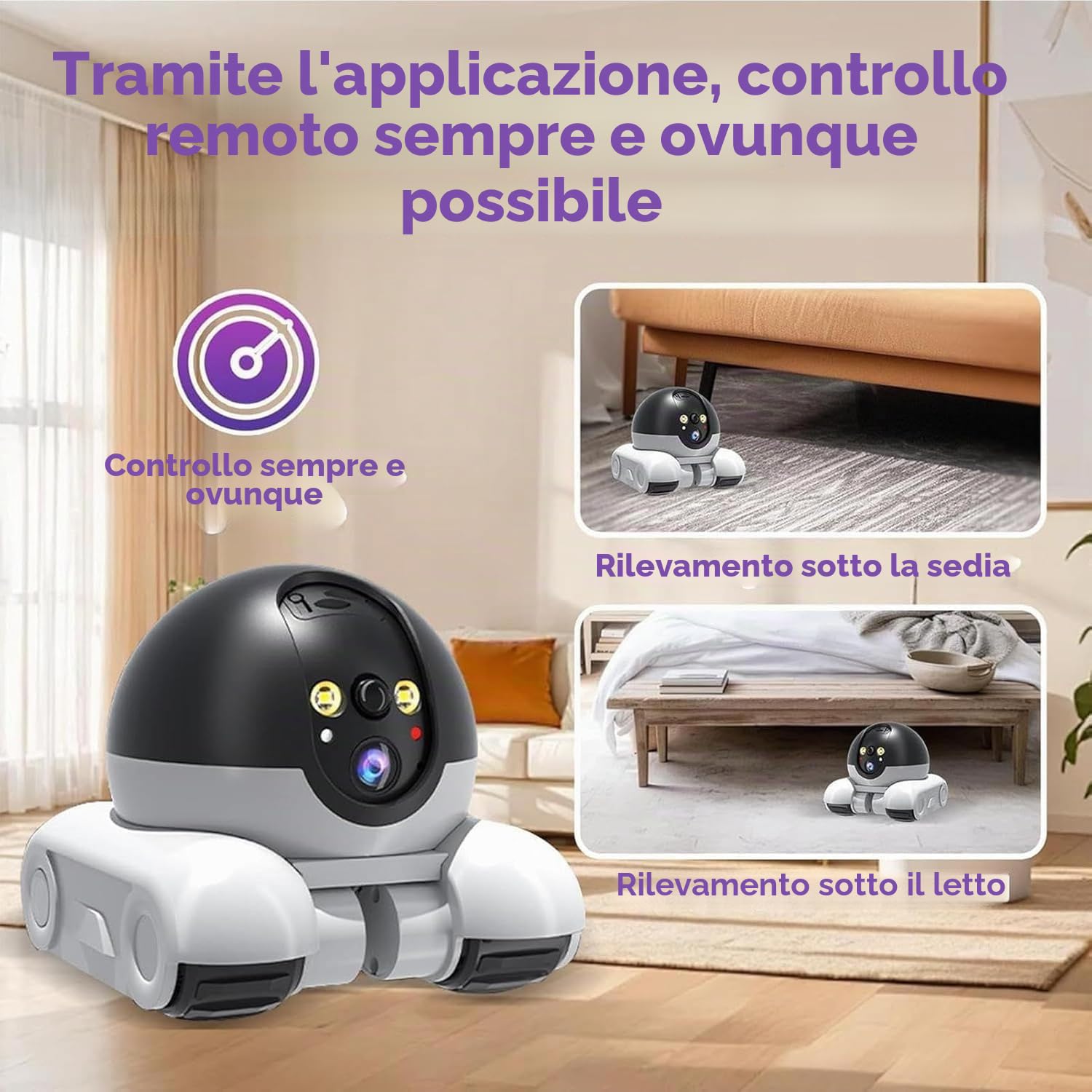 Robot con Telecamera per Animali Domestici, Telecamera di Sicurezza Robot Wi-Fi con Ruote 1080P Doppio Obiettivo Controllo Remoto per Casa Lavoro Animali Domestici, Scheda da 64G Inclusa