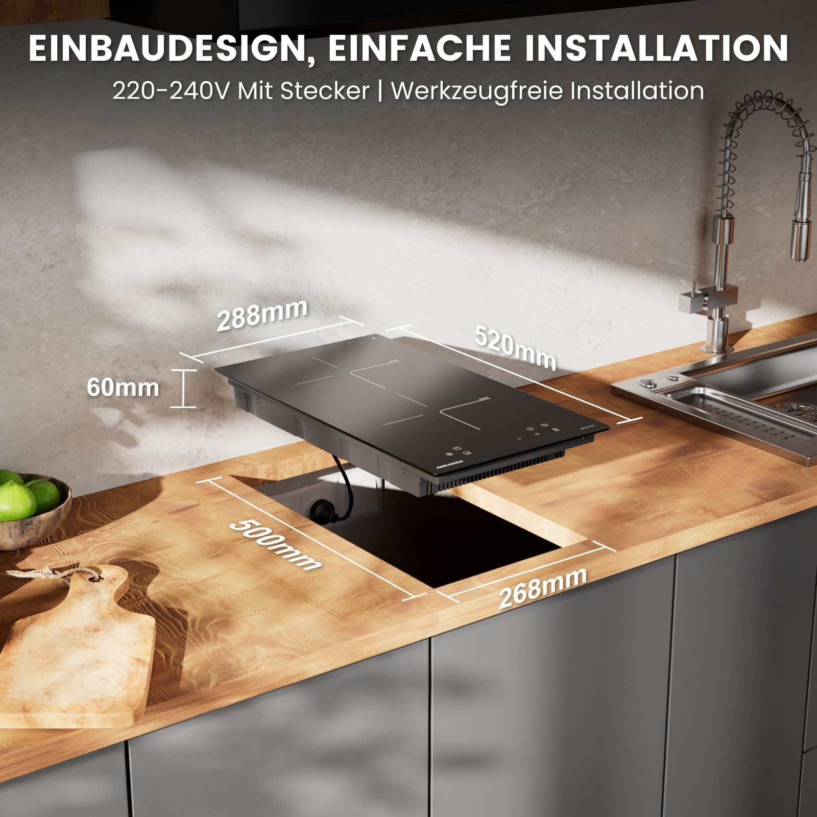 Induktionskochfeld 2 Platten Einbau mit Kratzfeste Glaskeramik | Induktionskochplatte mit VDE-Stecker & Ceranfeldschaber, 3800W Boost, Touch-Control, 2 Jahre Garantie, 9 Leistungsstufen