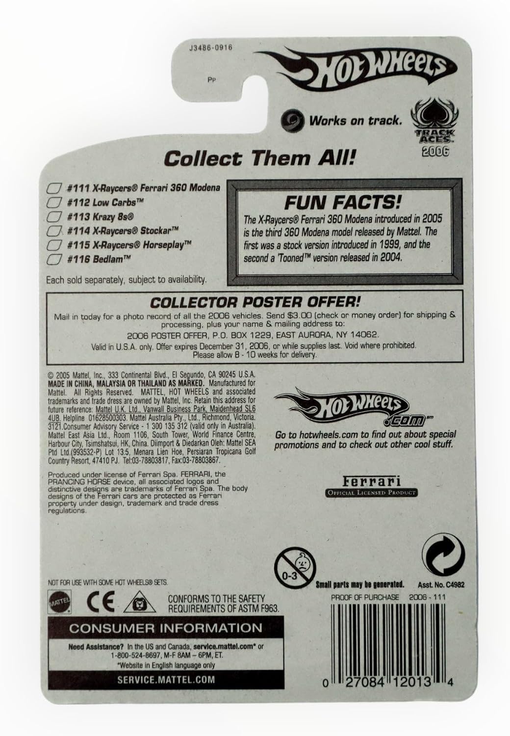 Hot Wheels 2006-111 X-raycers Ferrari 360 Modena 1/12 Track Aces1:64 Scale