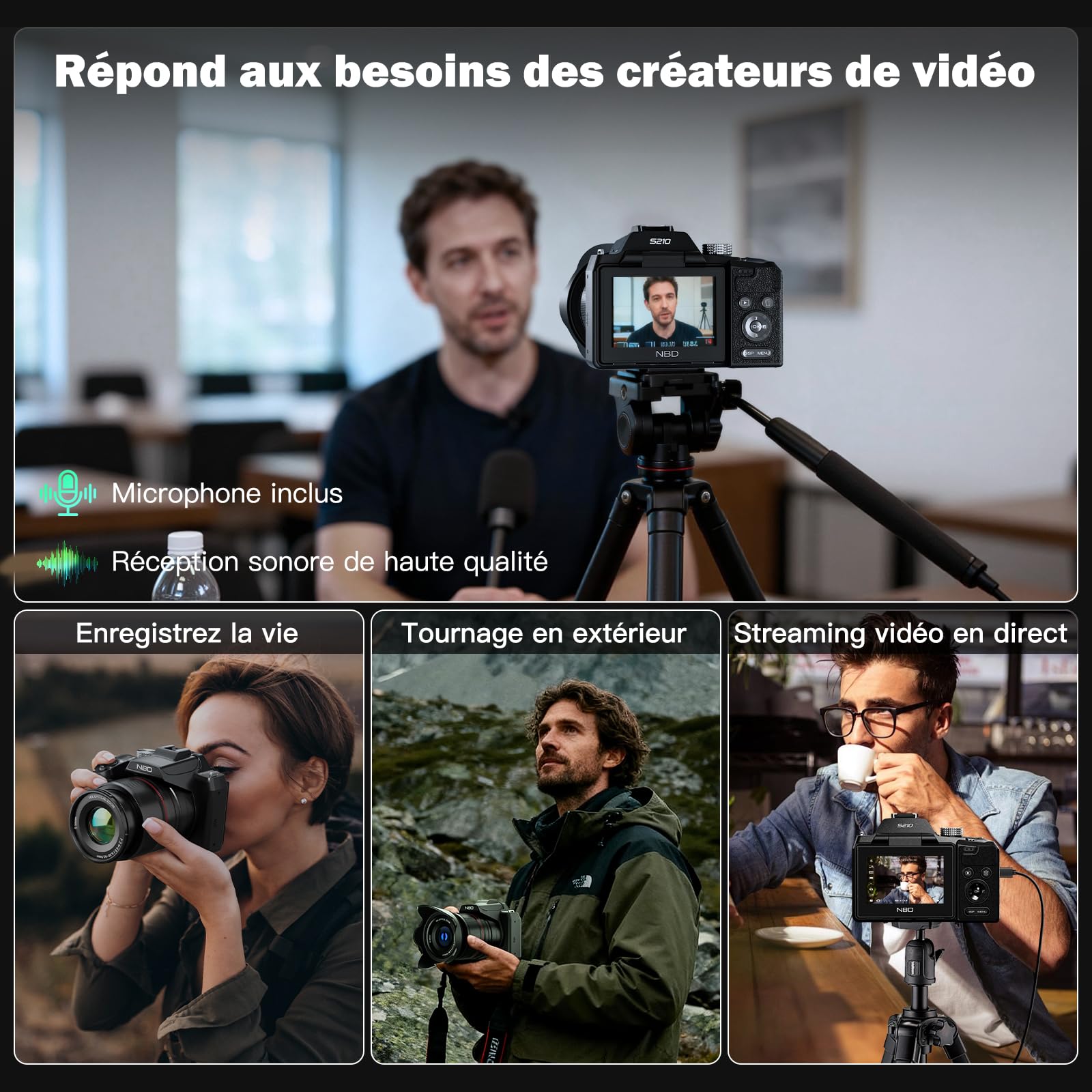 NBD Appareil Photo 8K 64MP, Autofocus, Zoom Optique 16X, Noir | Écran 180°, WiFi, Micro, Trépied, 2 Batteries, Carte 32Go, Micro-HDMI, Modes PASM, Vlog, Voyage, Débutants