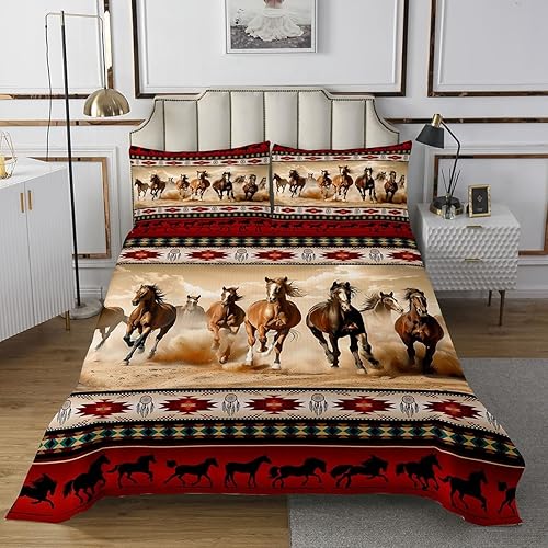 Miniatura 2 de Erosebridal Juego de colcha de caballos rojo del suroeste nativo azteca, juego de colcha de animales occidentales, juego de edredón de plumas de