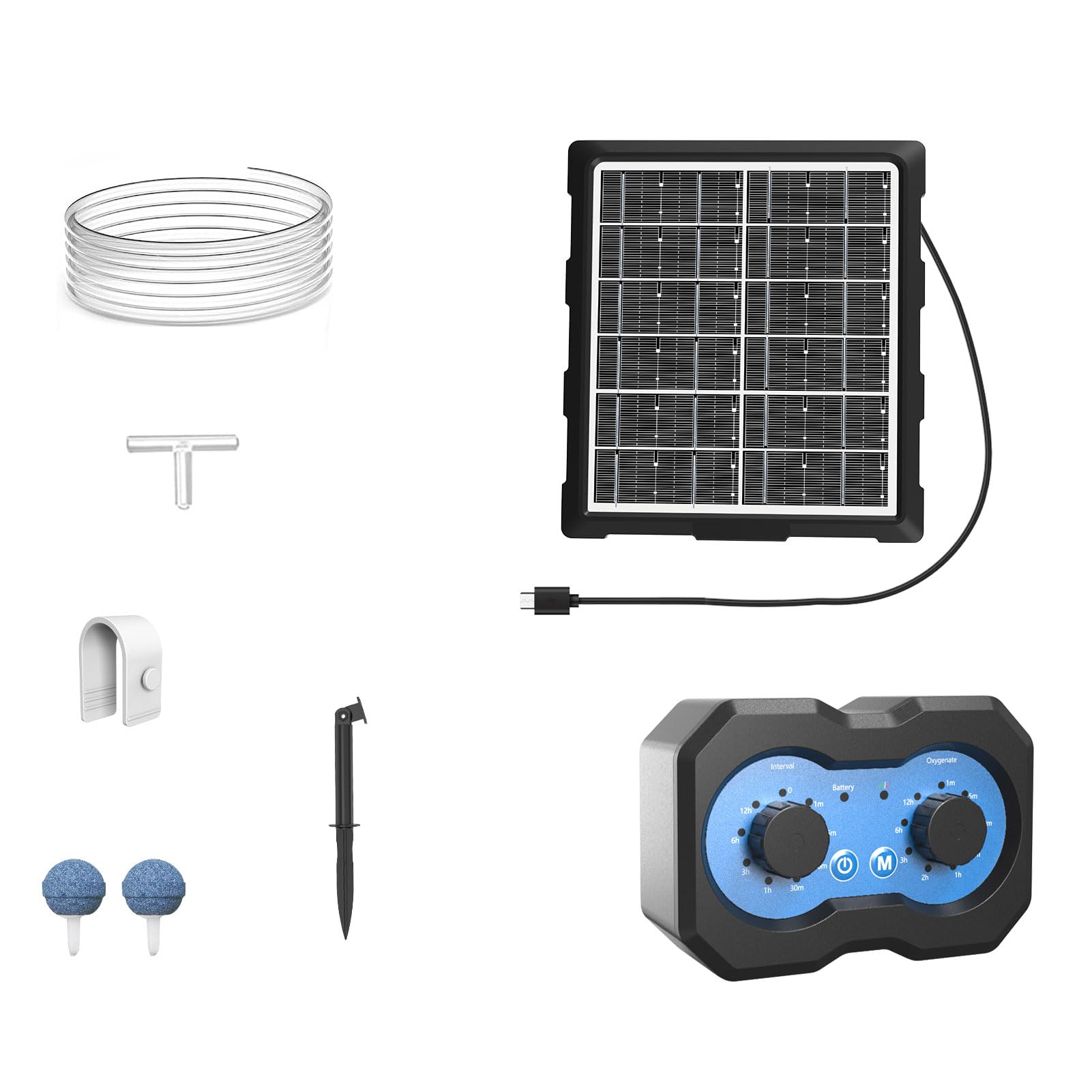 Pompa Solare per Ossigeno per Laghetto, Pompa Ad Aria Solare con Timer, Aeratore Laghetto, Batteria da 2200 MAh, Regolatore di, 2 modalità Coltura Acquari