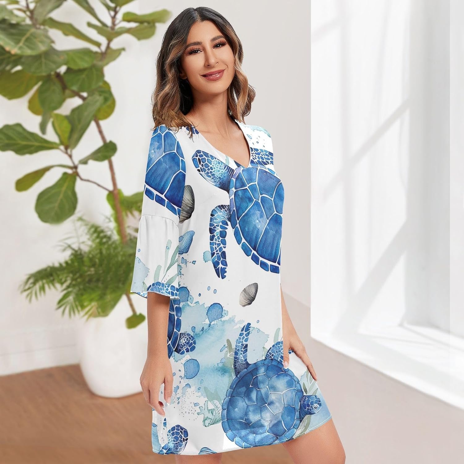 Watercolor Turtle Blue Chiffon Dress 3/4 Sleeve Summer Party S-XXL