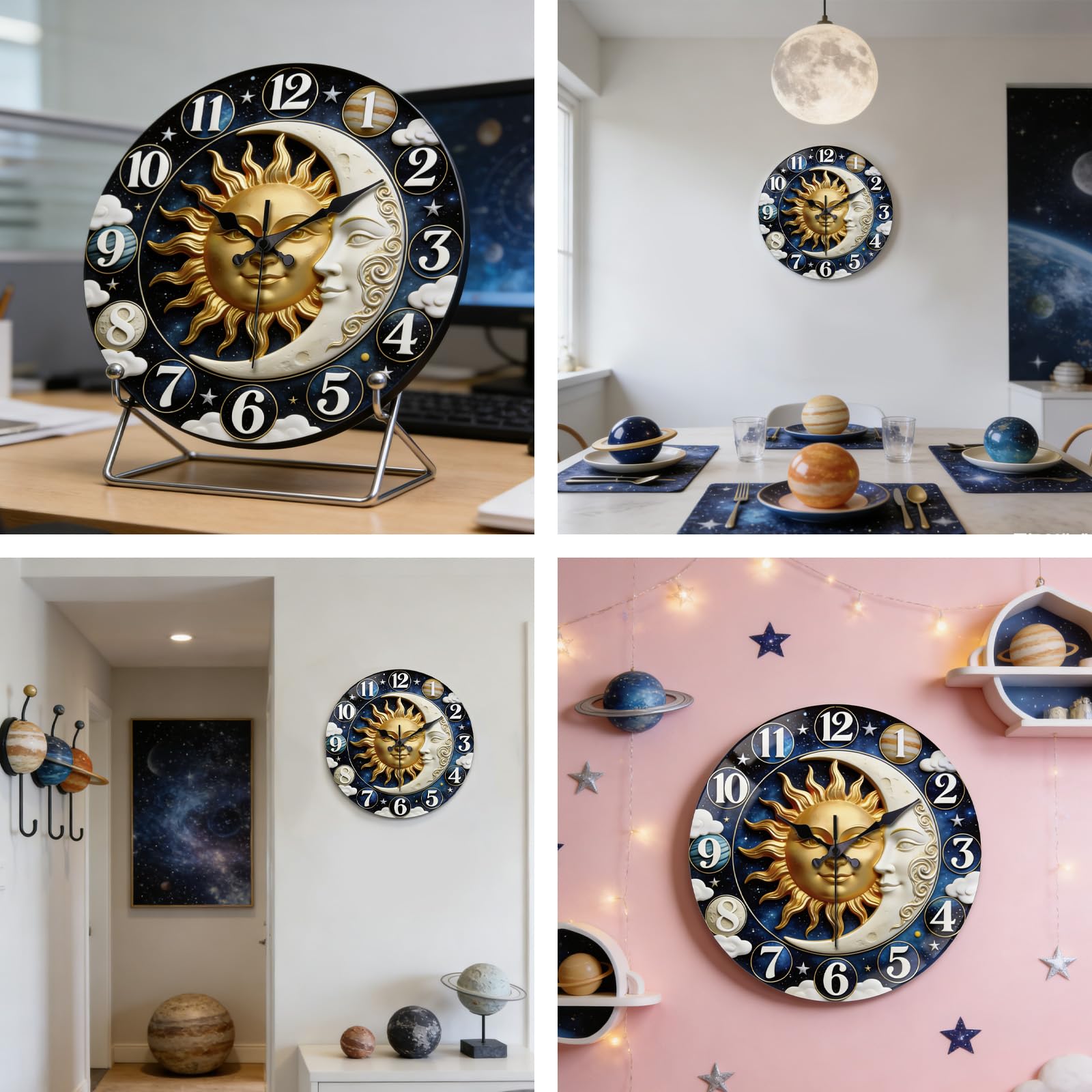 peacoblue Orologio da parete celestiale con sole e luna, funzionamento a batteria, 30,5 cm | Orologio decorativo senza ticchettio, design in vetro con motivo oceano per soggiorno, cucina, camera da letto e bagno