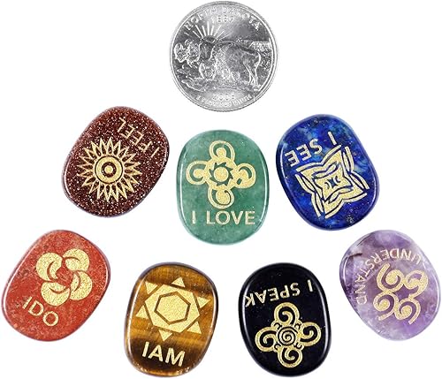 Miniatura 2 de mookaitedecor 7 piedras de chakra grabadas con símbolos ingleses, piedras de palma pulidas para curación de cristal de Reiki
