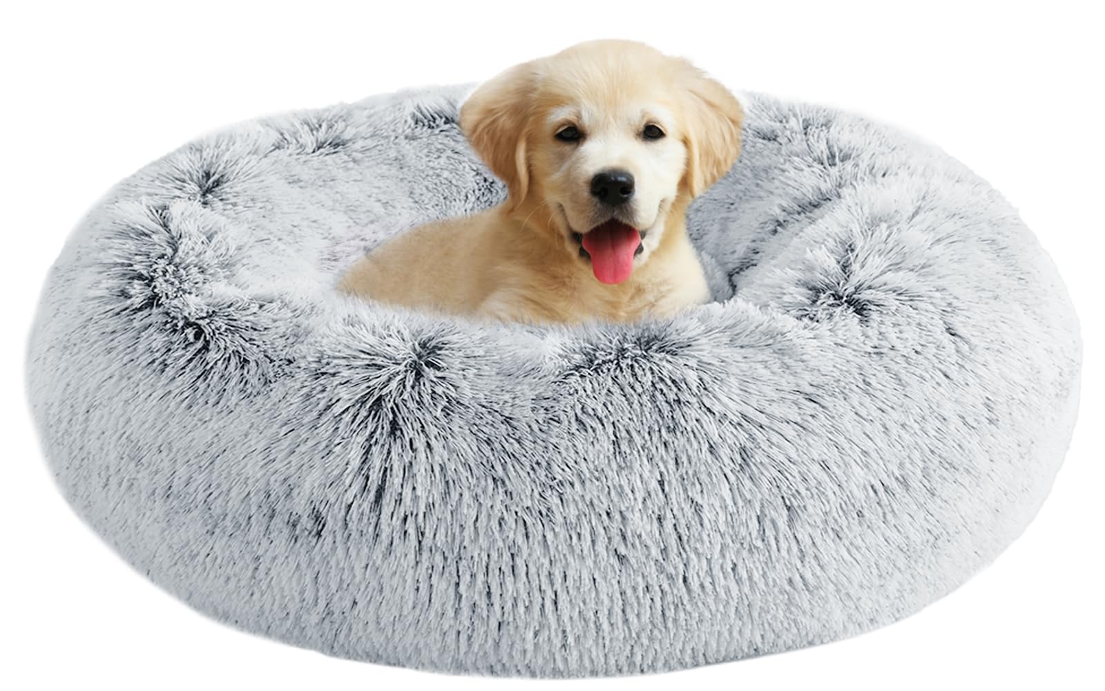 YOJOGEE Donut Dog Bed for Medium Small Dogs Cats Calming Fluffy Anti Anxiety Dog Beds Washable Puppy Bed Non-Slip Plush Cuddler Warming Round Faux Fur Pet Bed 6060cm Grey/Black