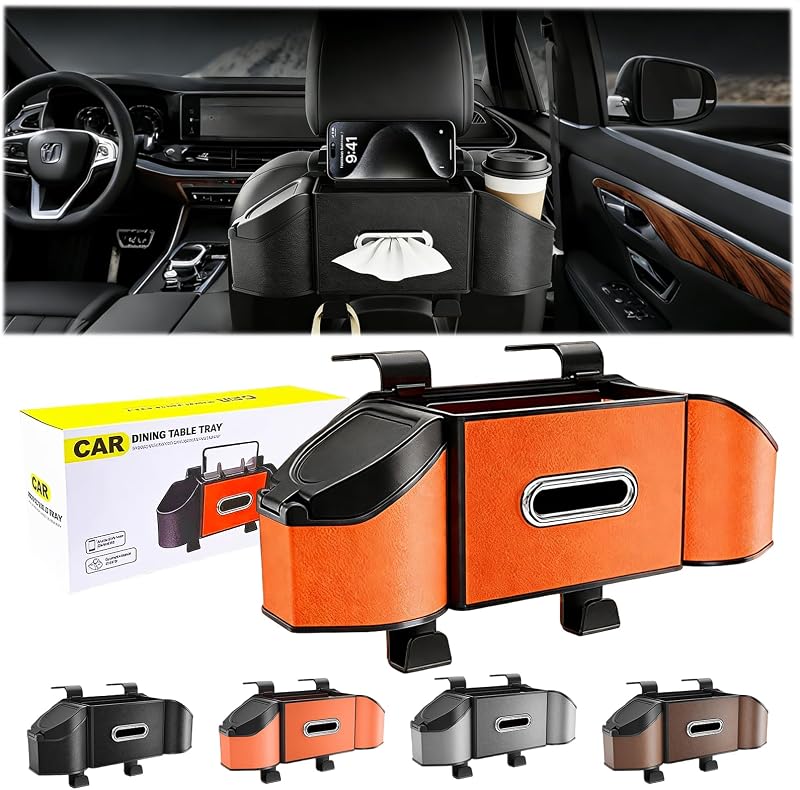 Organizador para Encosto de Banco Automotivo 4 em 1 com Porta-Copos e Compartimentos, Couro, Laranja, Generic