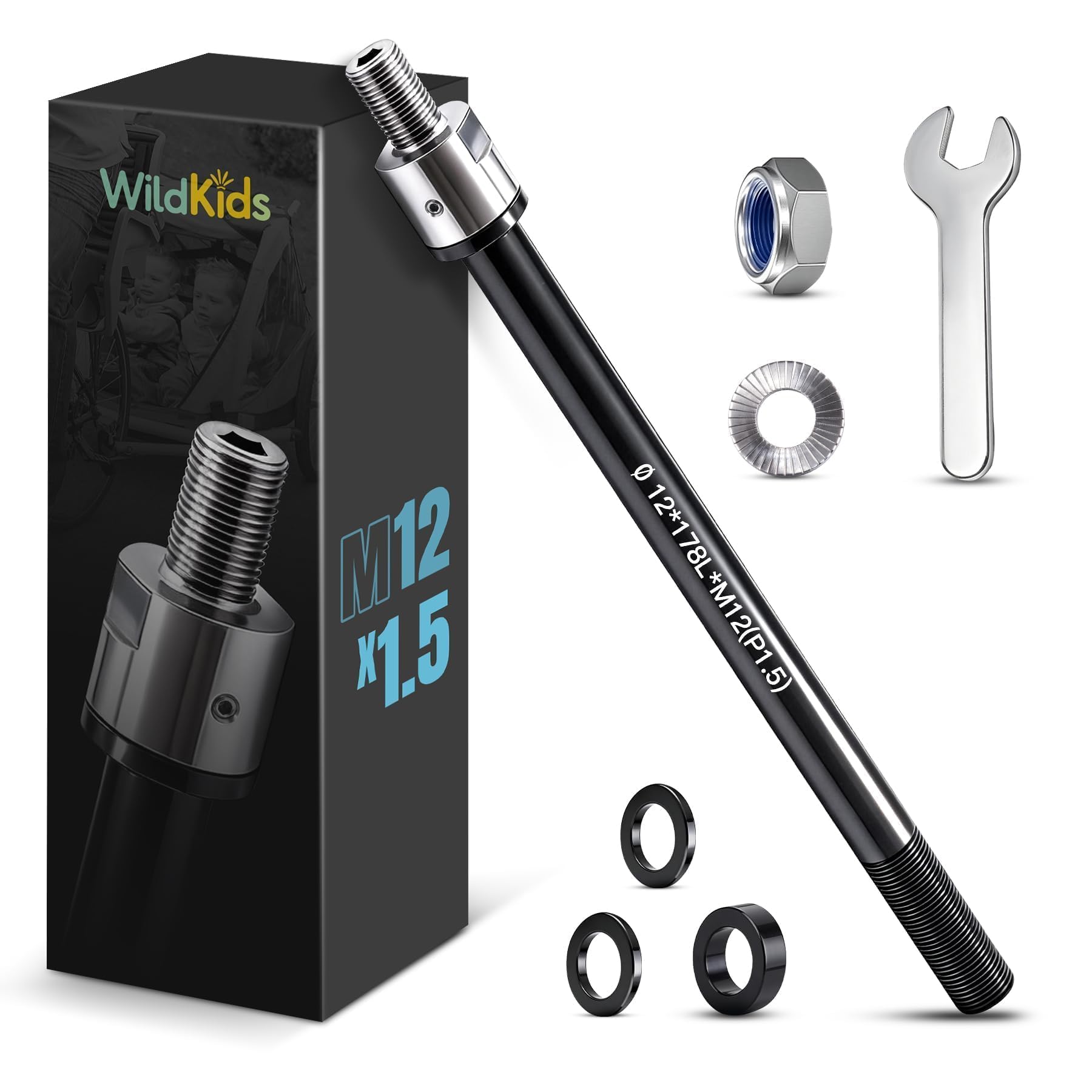 WildKids Thru Axle for Bicycle Trailer M12 172-178 mm Thru Axle, Adjustable Shaft Length, Thru Axle Compatible with Most Bicycle Trailer Couplings - With Non-Slip Nuts-image-12