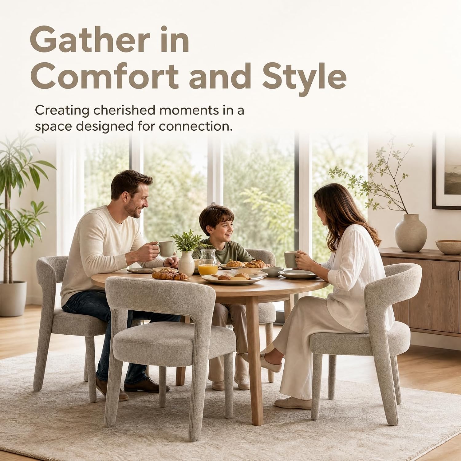 HNY Mid-Century Upholstered Dining Chairs Set of 2, Modern Chenille Barrel Dining Room Chairs Curved Open Back Accent Side Chairs with Solid Wood Legs for Kitchen Living Room, Oatmeal