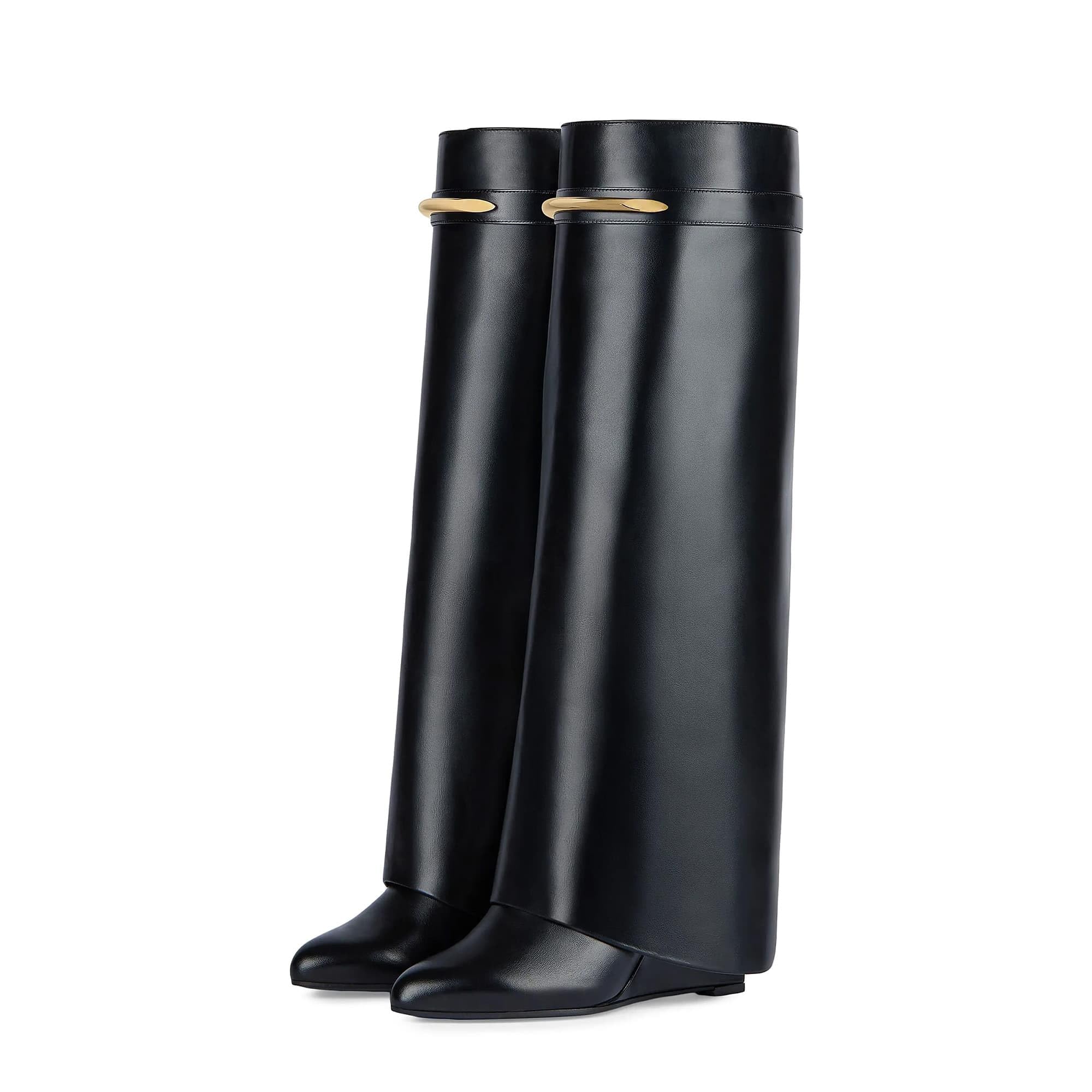 Shark Boots for Women Knee High Wedge Heel Boots with Metal Pinch Detail Pointed Toe Fold Over Tall