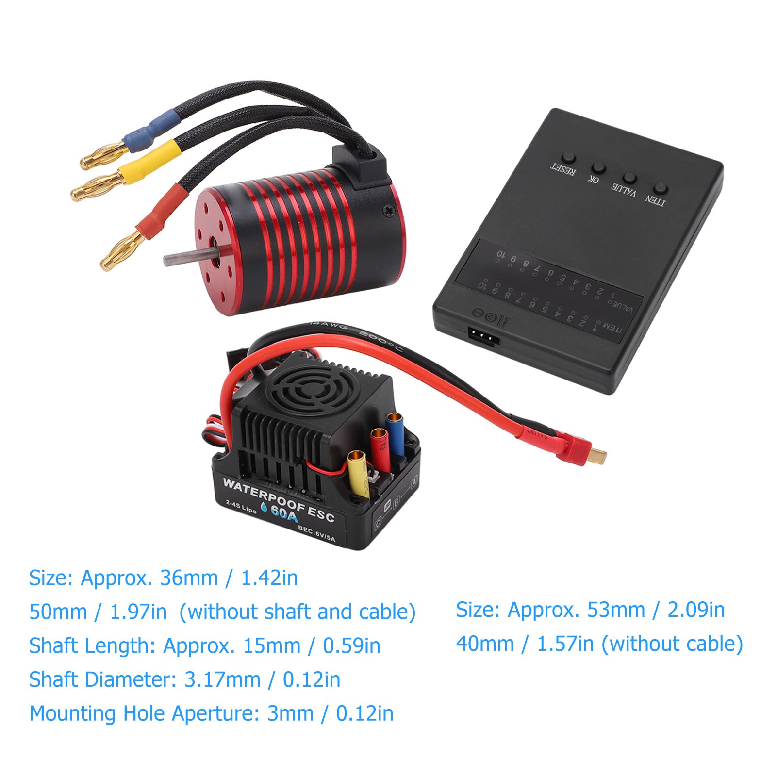 bezszczotkowy zestaw ESC, bezszczotkowy wodoodporny silnik 3650 60A ESC, karta programowania do samochodu RC 1/10 (5200kV)