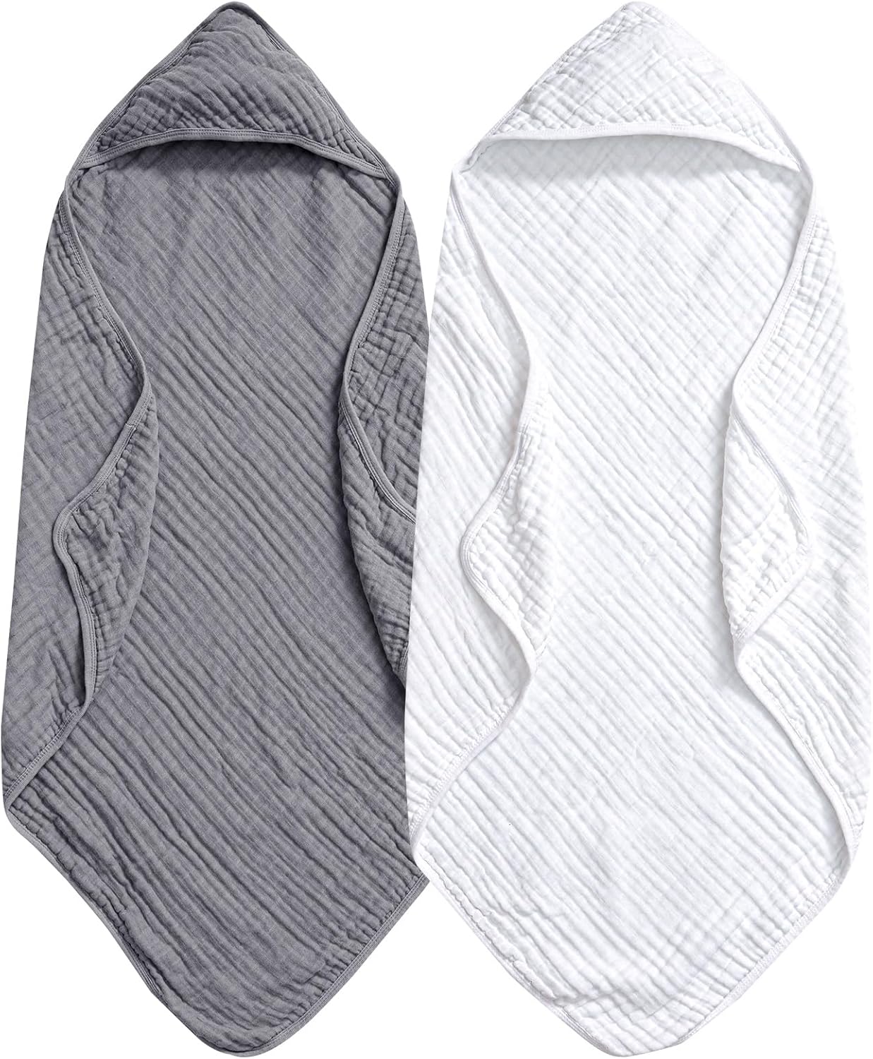 PHF 2 Pack Baby Hooded Towels, 100% Muslin Cotton Baby Bath Towel with Hood for Newborn, Infant, Toddler, Ultra Soft and Absorbent Baby Essentials Bath Towels for Boys Girls, 32x32Inch, White & Grey