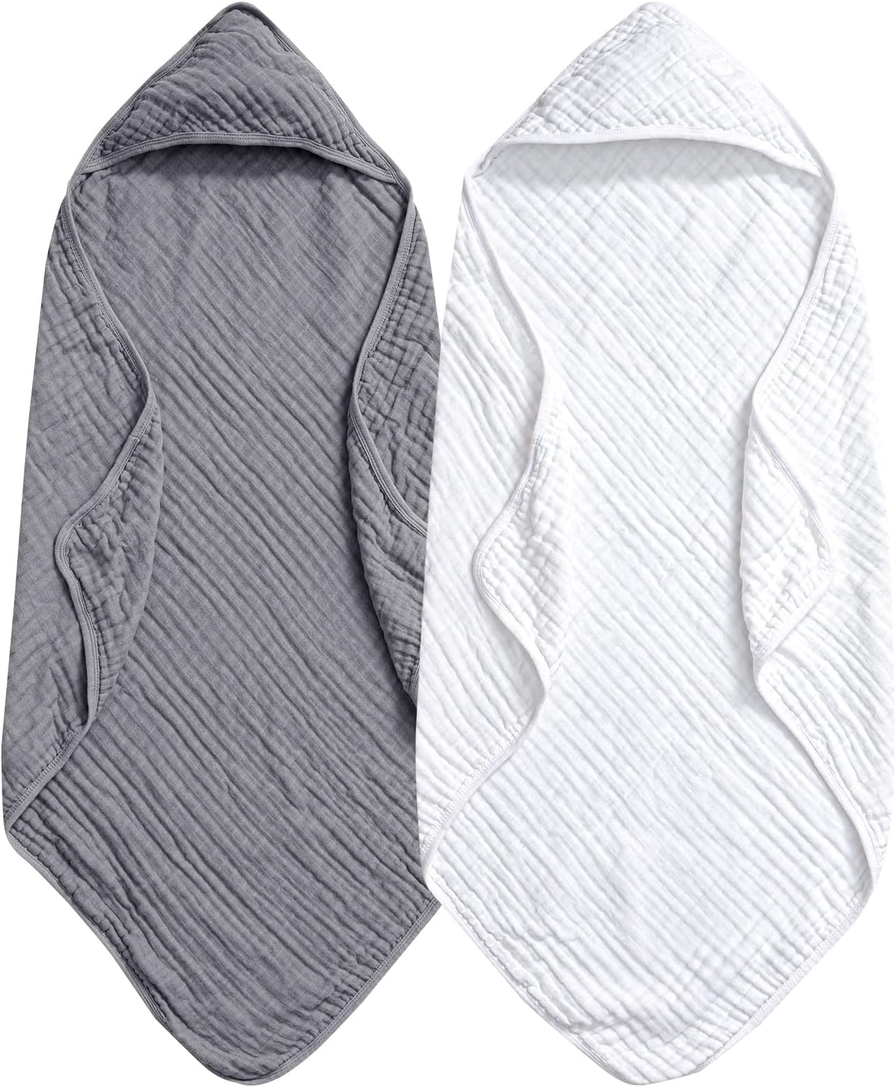 PHF2 Pack Baby Hooded Towels, 100% Muslin Cotton Baby Bath Towel with Hood for Newborn, Infant, Toddler, Ultra Soft and Absorbent Baby Essentials Bath Towels for Boys Girls, 32x32Inch, White & GreyOEKO-TEX STANDARD 100