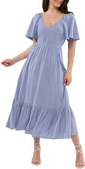 August Sky Women's Midi Dress  Short Flounce Sleeve V-Neck Smocked Top  Elastic Waist Flowy Skirts One Piece RD2069 MD.Blue M : Clothing, Shoes &  Jewelry - Amazon.com