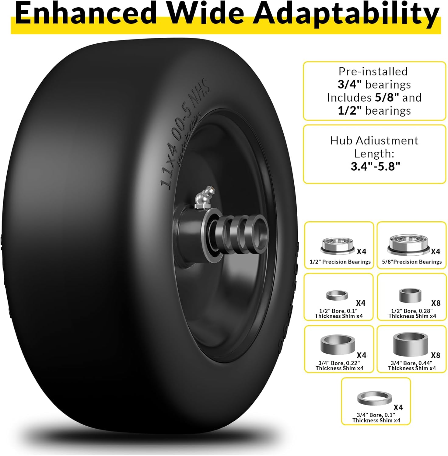 11x4.00-5 Lawn Mower Tires Flat Free and Wheel, 11x4-5 Solid Front Tires for Zero Turn Mower, 350Lbs Load, 3/4", 5/8" and 1/2" Bearings, 3.4"-5.8" Hub for Residential Commercial, 2Pack Black