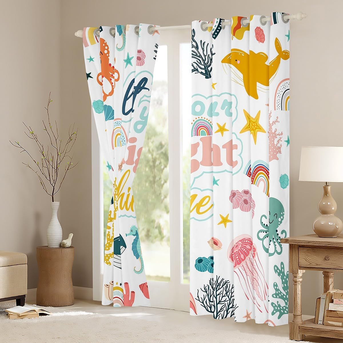 Manfei Marine Animal Kids Blackout Curtain,Whale Seahorse Octopus Jellyfish Coral Window Drapes for Boys Girls,Cartoon Stars Rainbow Colorful Window Treatments Grommet Top 2 Panel Set,42Wx84L inch