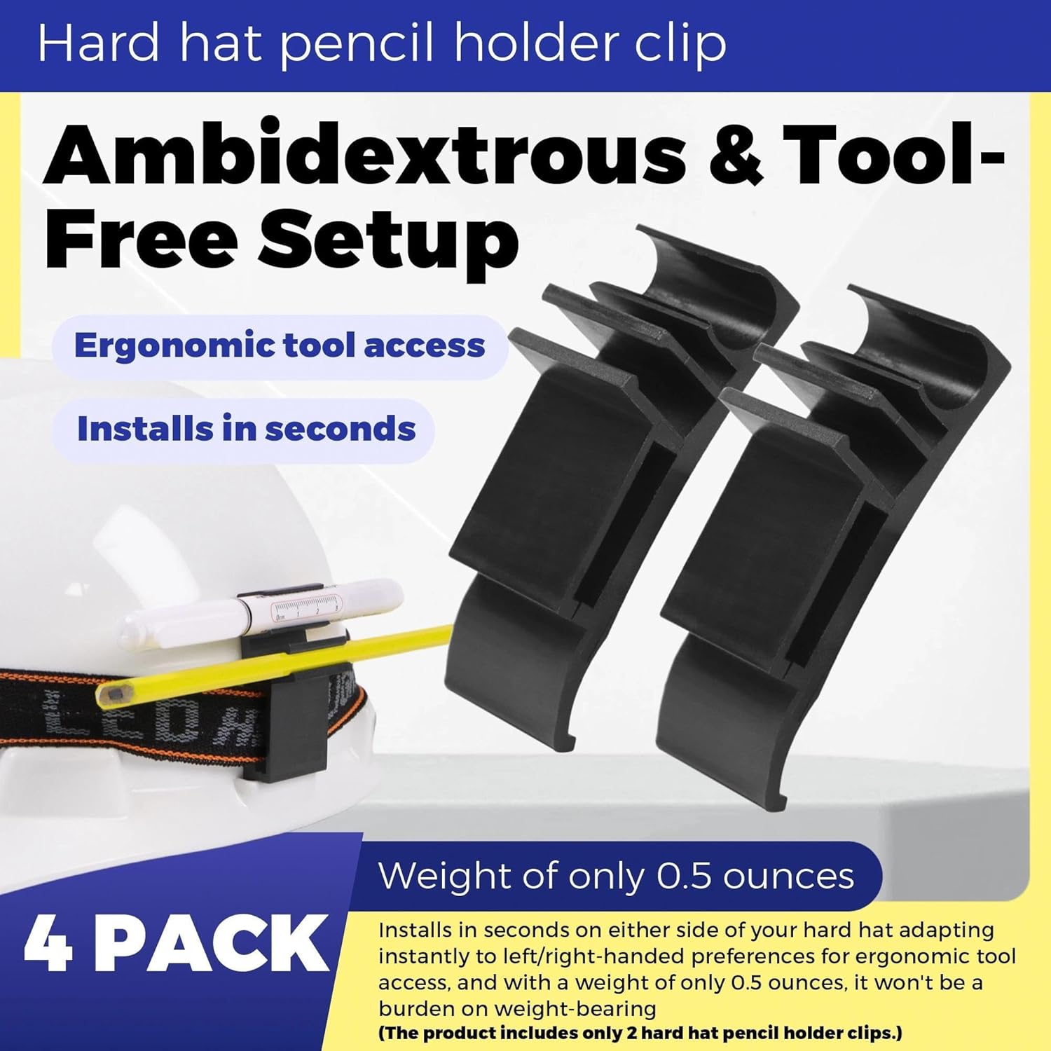 4 Pack Hard Hat Pencil Holder Clip | 3-in-1 Attachment for Carpenter Pencils, Markers & Headlamp Bands | Black Reinforced Nylon Accessory Fits Both Sides of Hard Hats for Woodworkers