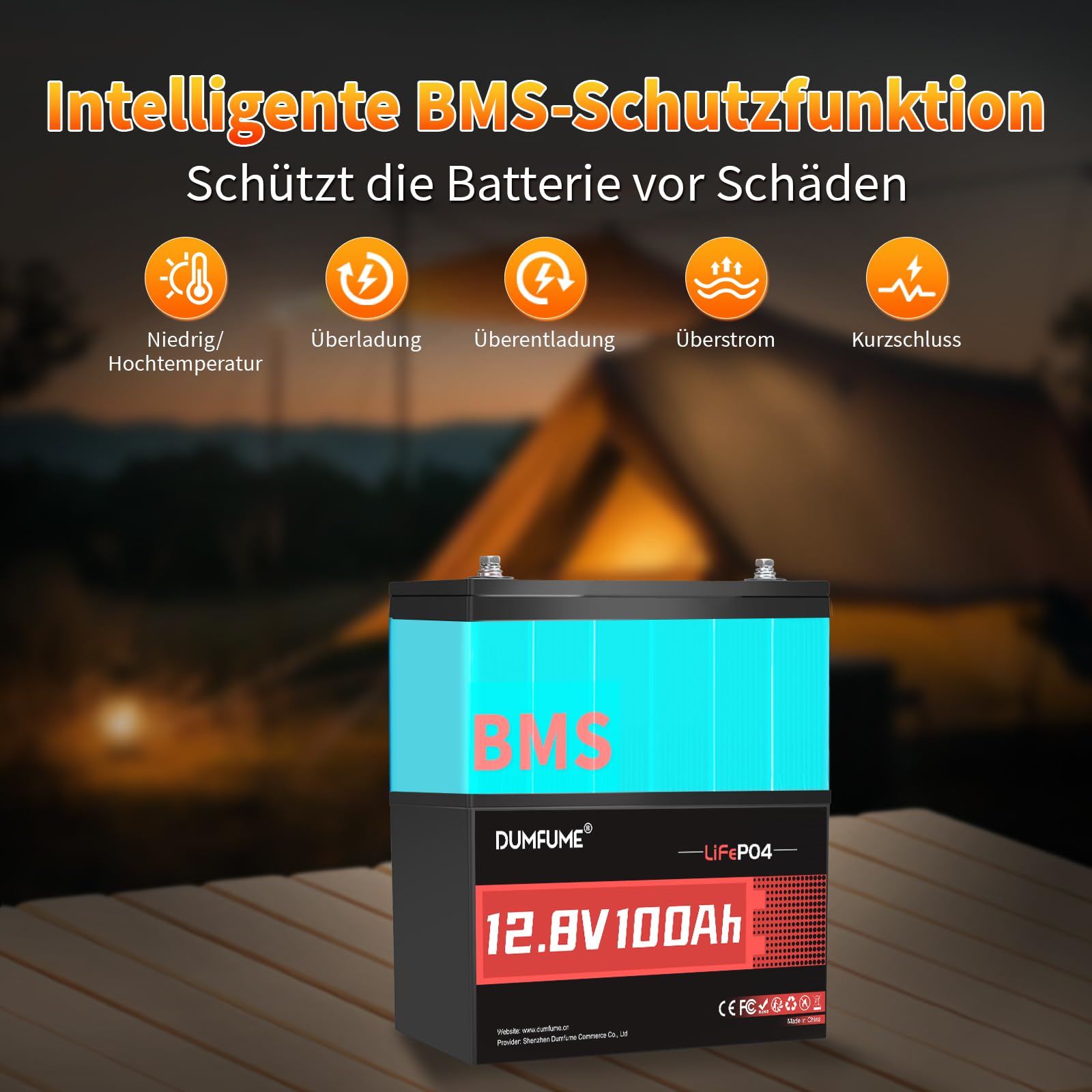 Dumfume Batteria al Litio 12V 100Ah LiFePO4 (1,28kWh) - Gruppo 24, BMS 100A, 15.000 Cicli, Alta Densità Energetica - Per Camper, Solare e Applicazioni Off-Grid